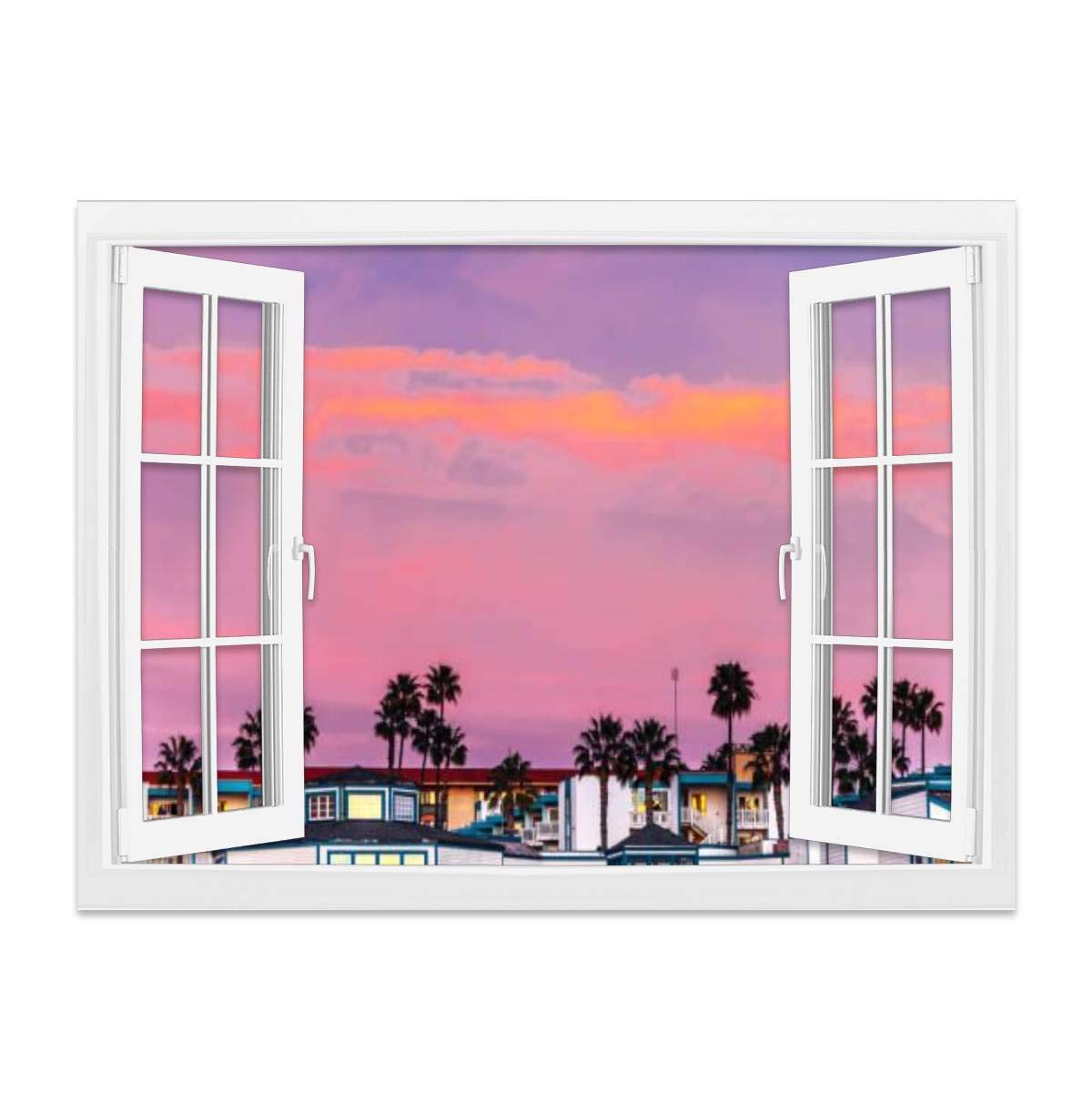 KEIRUNNRUGS Creative Window Wall Sticker - California Redondo Beach Homes Mural, Self-Adhesive Removable Wall Decal Poster (24x36 inch) - Home Wall Art Decor for Living Room, Bedroom & Office Spaces