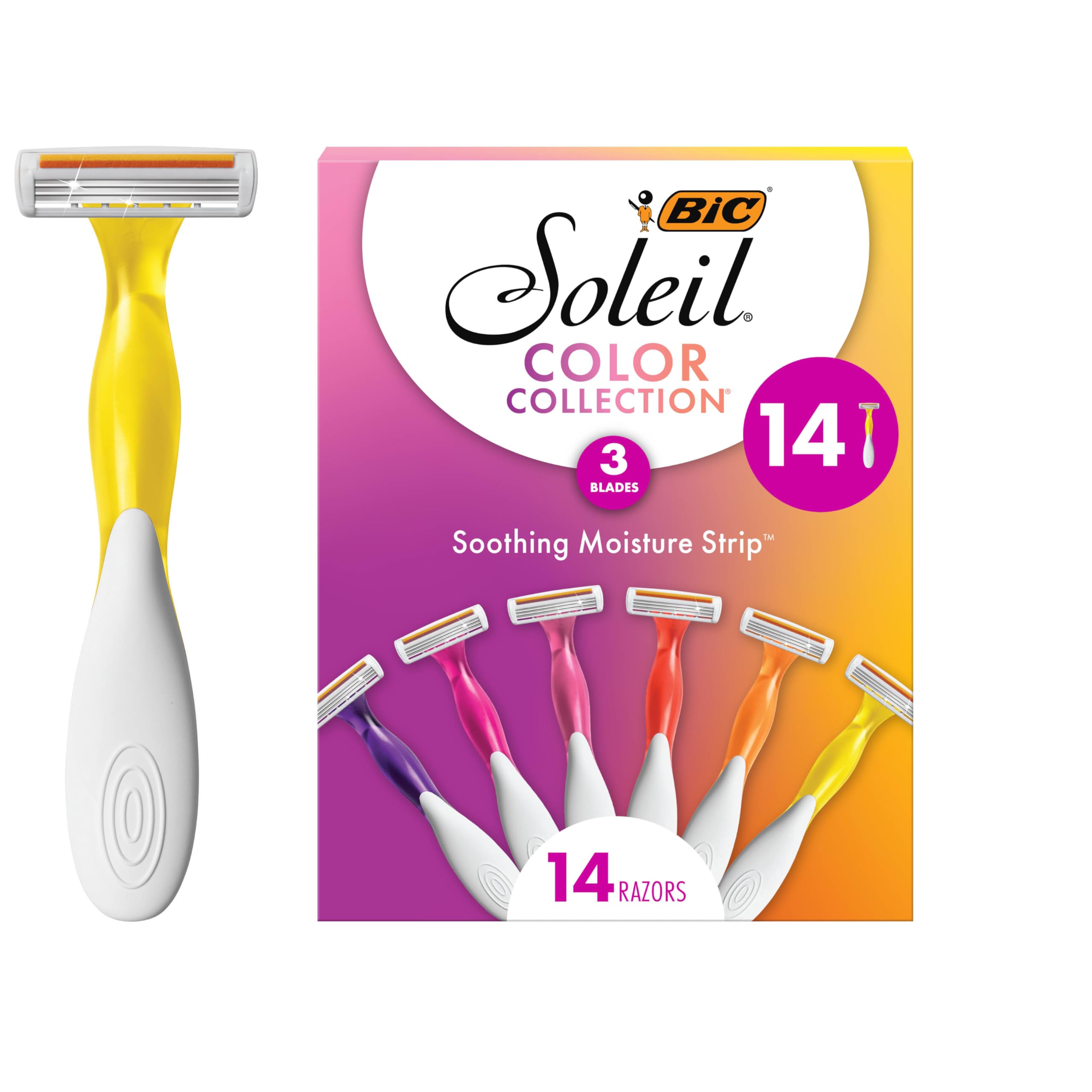 BIC Soleil Smooth Colors 3-Blade Disposable Razors for Women - 14 Pack | Smooth Shaving for Legs, Underarms & Bikini Line | Hypoallergenic & Moisture Strips