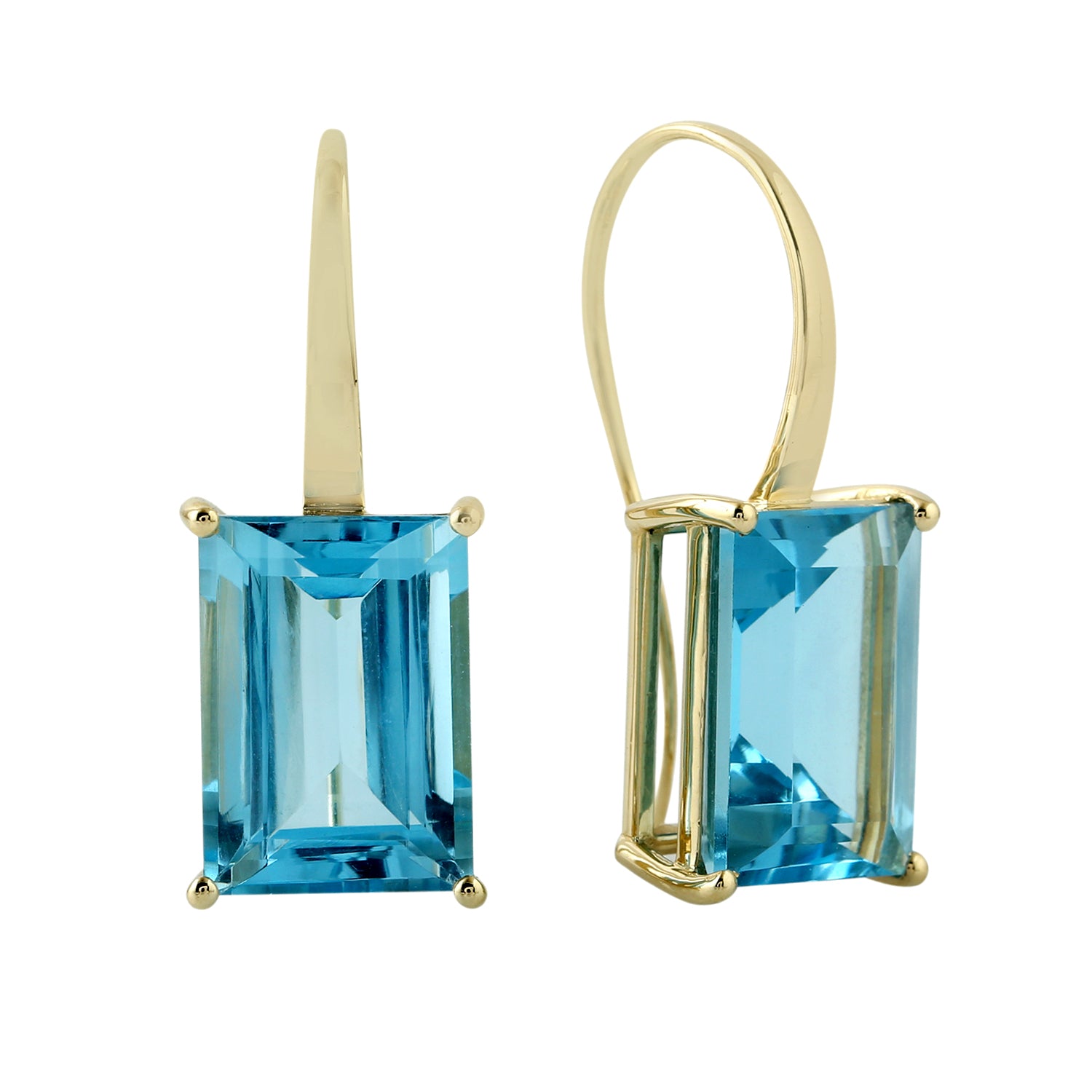 14K Yellow Gold Baguette Cut Blue Topaz Ear Hook Earrings for Women - Elegant Dangle Earrings for Parties, Weddings & Everyday Wear