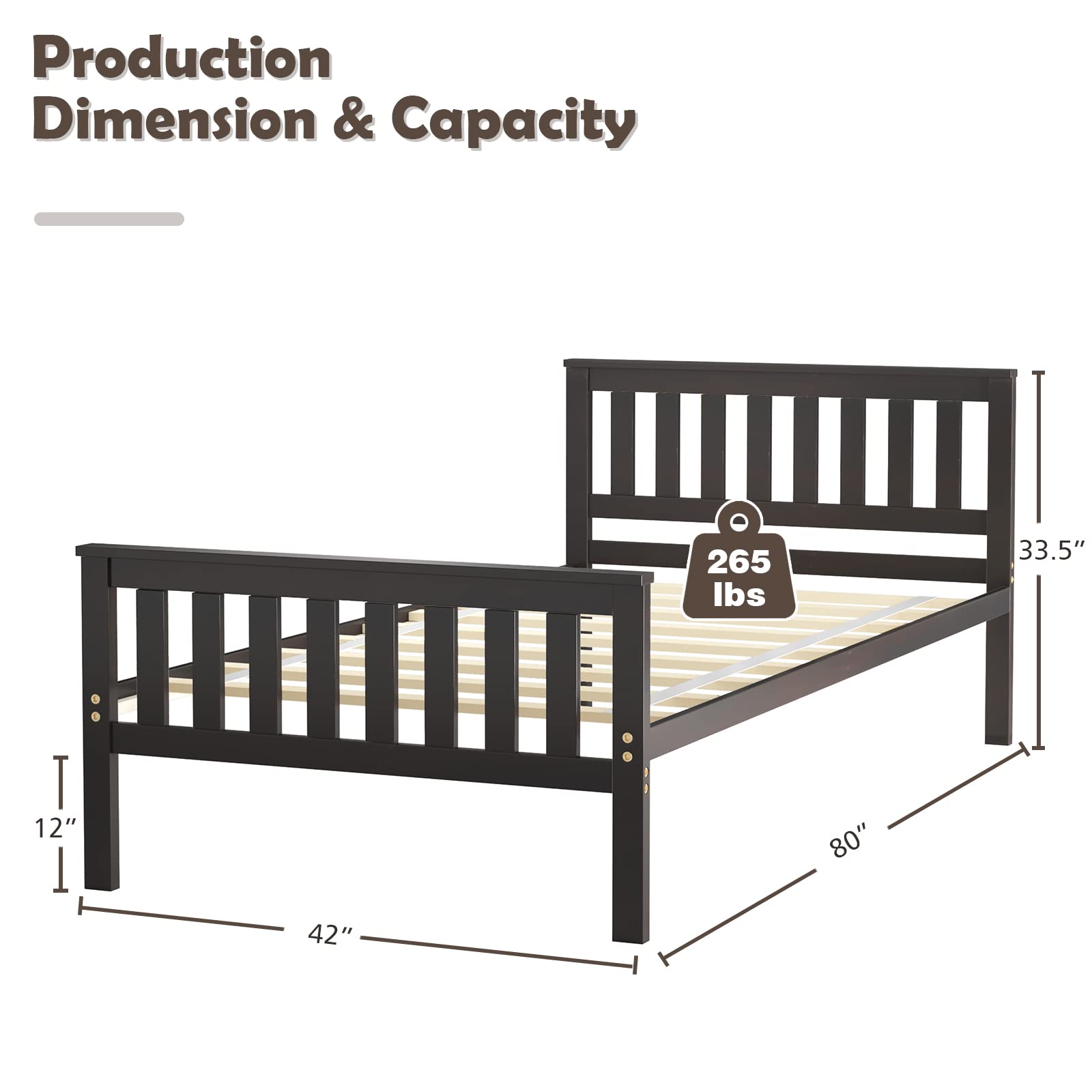 KOMFOTT Twin Size Wood Bed Frame with Headboard & Footboard - Sturdy Platform Bed with 8-Slat Support, 12-Inch Under-Bed Storage Space - No Box Spring Needed - Perfect for Small Bedrooms, Guest Rooms & Dormitories