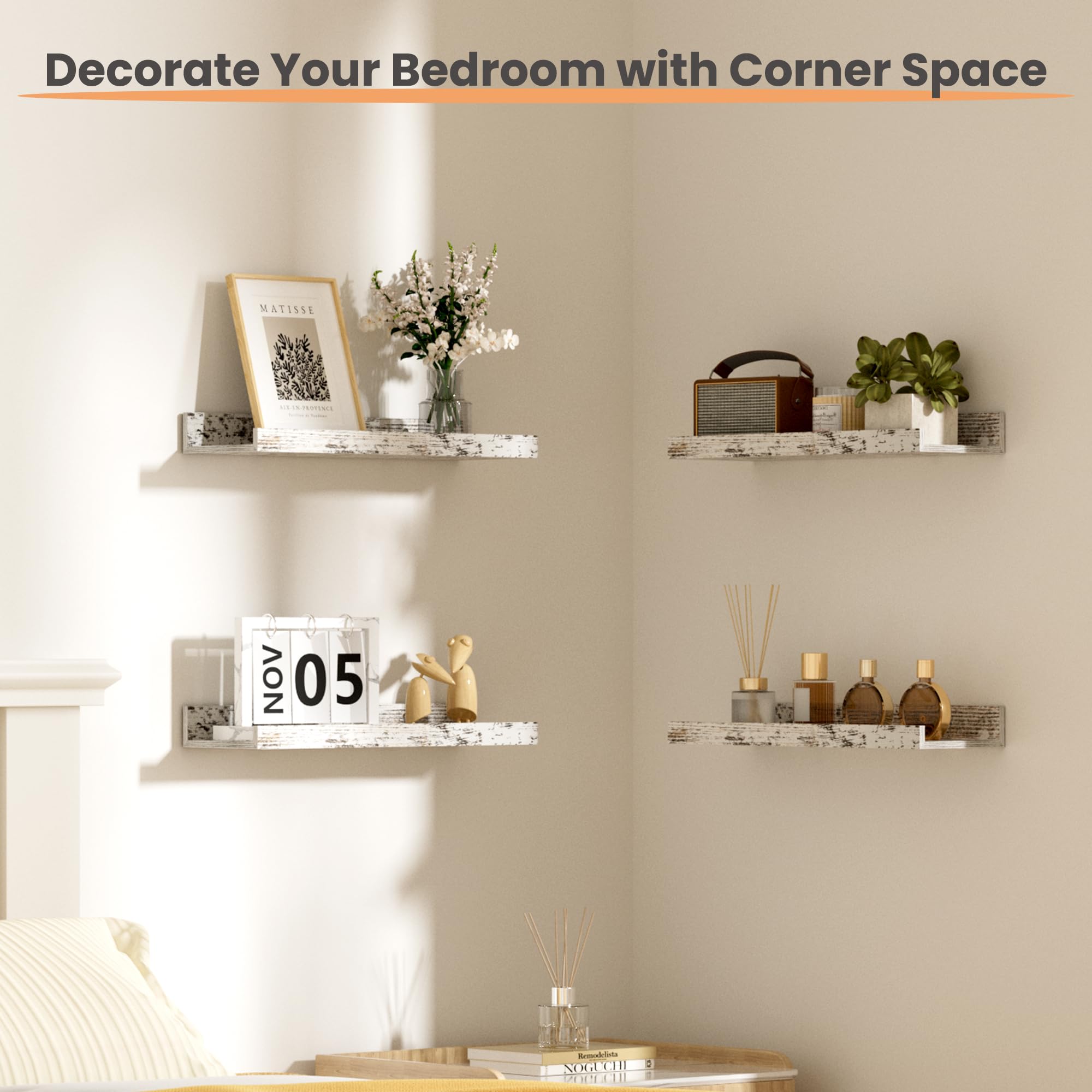 Upsimples Floating Shelves for Wall - Set of 6 Wooden Mounted Shelves, Rustic White Home Decor Storage for Bedroom, Living Room, Bathroom & Kitchen - Perfect for Displaying Photos, Books and Decorative Items