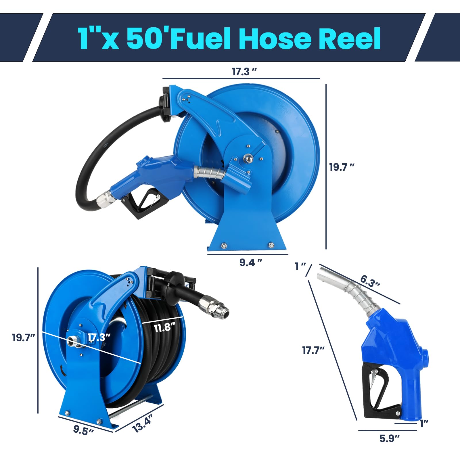 Heavy Duty 1 Inch x 51ft Retractable Diesel Fuel Hose Reel - 300 PSI Spring Driven Auto Rewind with Swivel & Refueling Nozzle - Industrial Grade for Aircraft, Ships, Vehicles & Fuel Tanks (Blue) - Perfect for Gas Stations, Construction Sites & Marine Applications