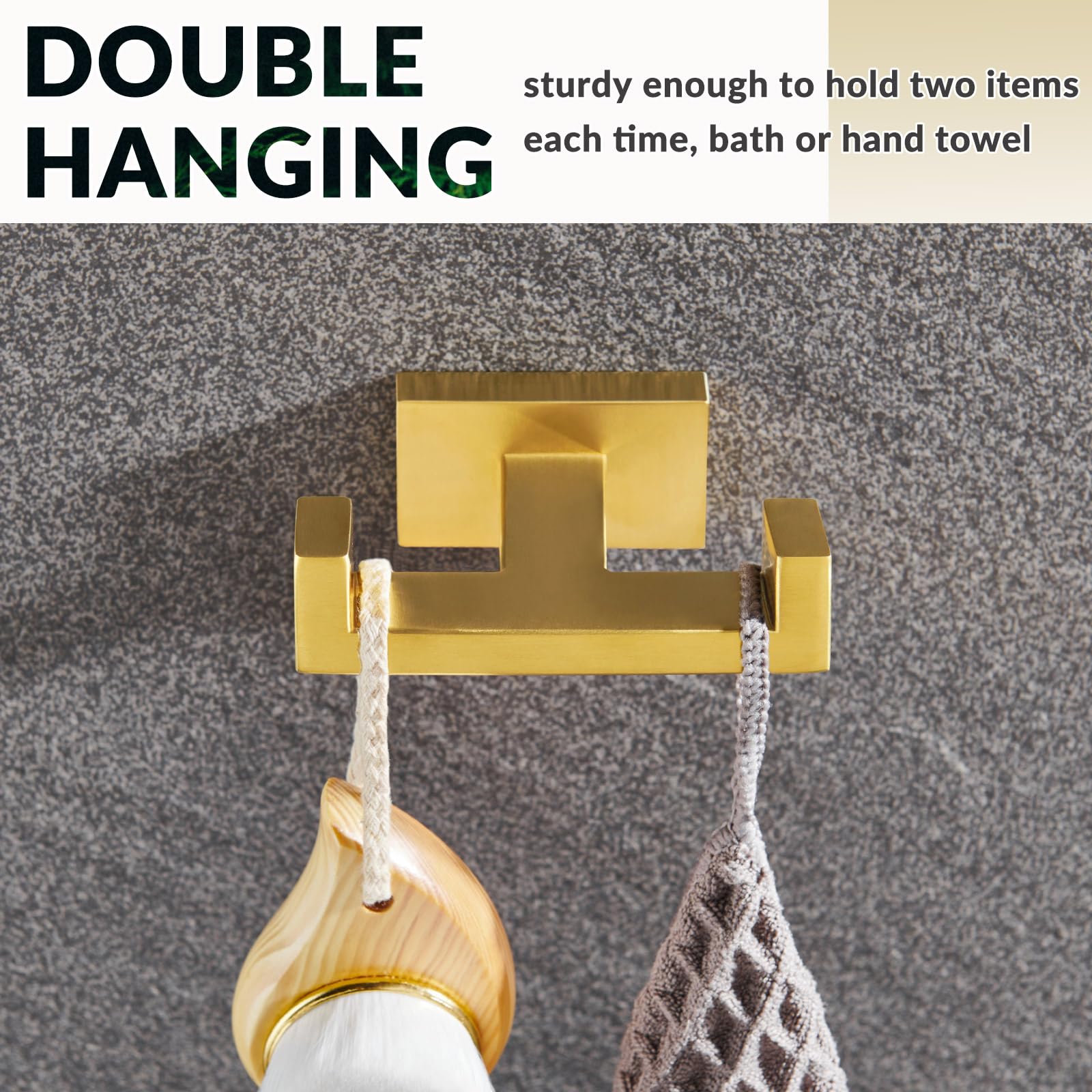 APLusee Brushed Gold Double Robe Hook - 304 Stainless Steel Bathroom Towel Holder & Wall Hanger for Kitchen, Toilet, Cabinet - Perfect for Hanging Robes, Towels and Clothes in Bathrooms & Kitchens