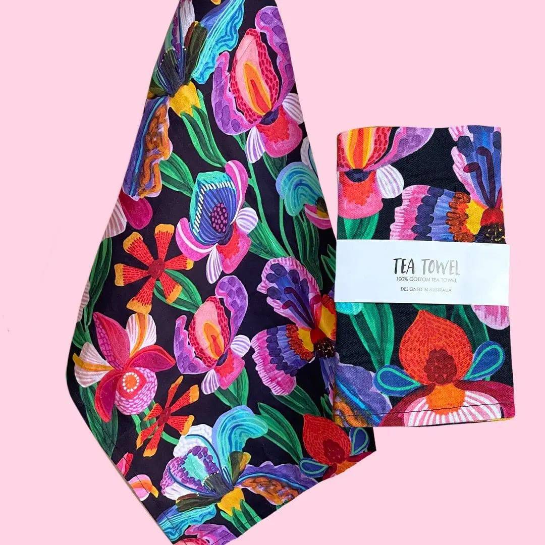 Irises & Pansies Tea Towel and Wooden Fridge Magnet Gift Set - Floral Kitchen Decor for Home, Housewarming, and Hostess Gifts