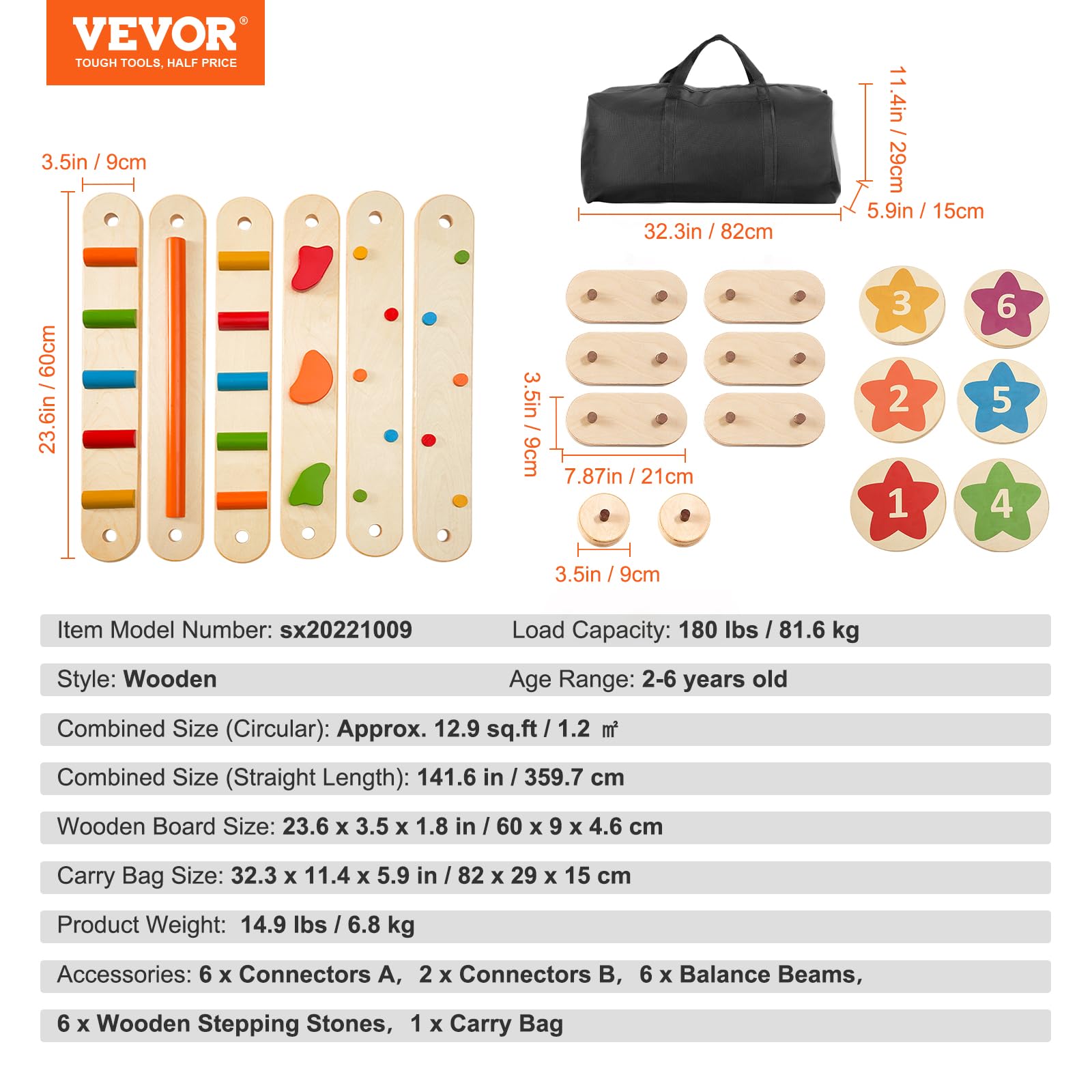 VEVOR Wooden Balance Beam Stepping Stones - 6 PCS Montessori Toys for Toddlers Age 2-6 | Improve Coordination & Gross Motor Skills | Indoor/Outdoor Gymnastics Obstacle Course for Boys & Girls | Perfect for Playrooms, Backyards & Preschool Activities