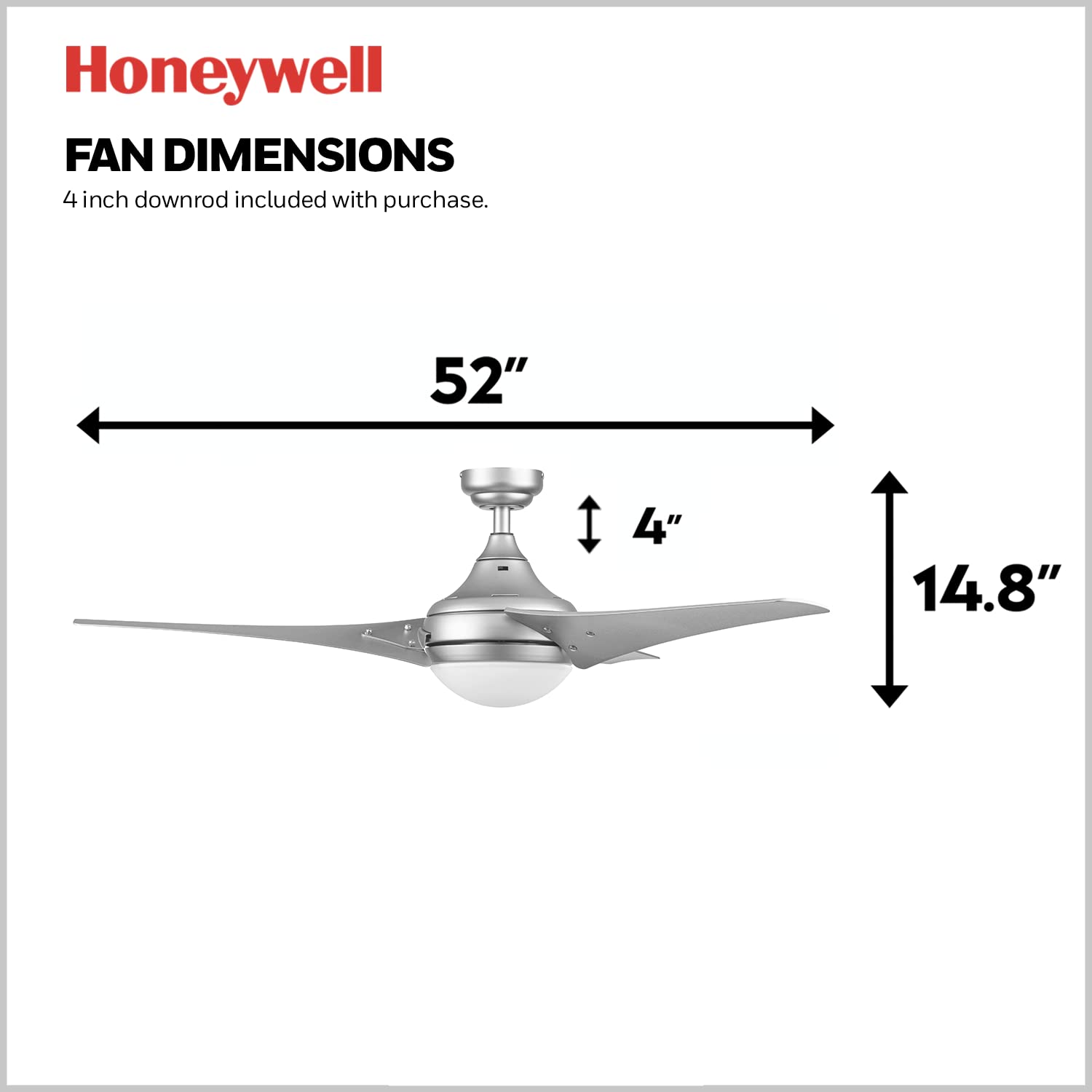 Honeywell Neyo 52 Inch Modern LED Ceiling Fan with Light & Remote Control - High Performance Reversible Motor, Pewter Finish - Perfect for Living Room, Bedroom & Office Spaces