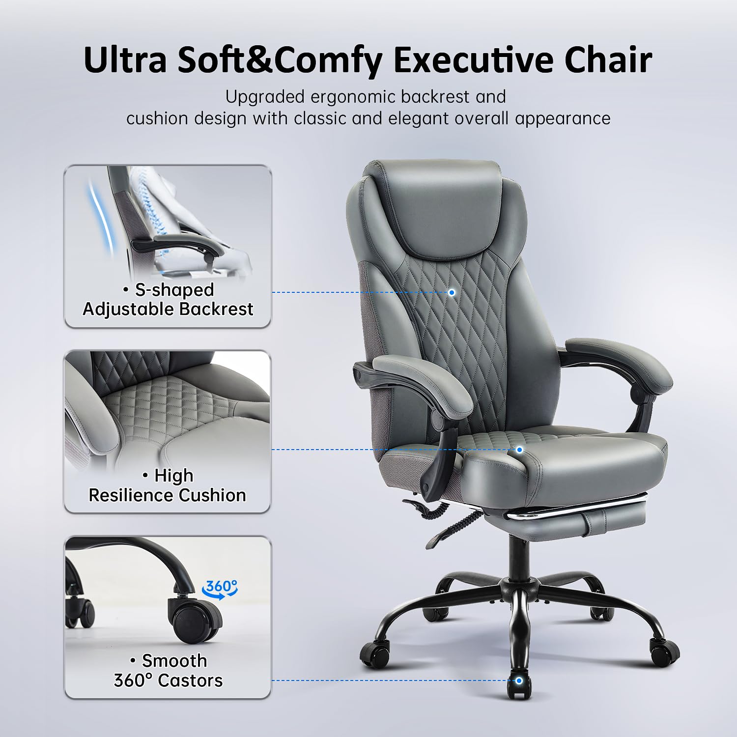 Big and Tall Ergonomic Office Chair with Footrest - High Back Reclining Leather Desk Chair with Lumbar Support for Home Office (Gray) | Comfortable Seating for Long Work Hours & Remote Work
