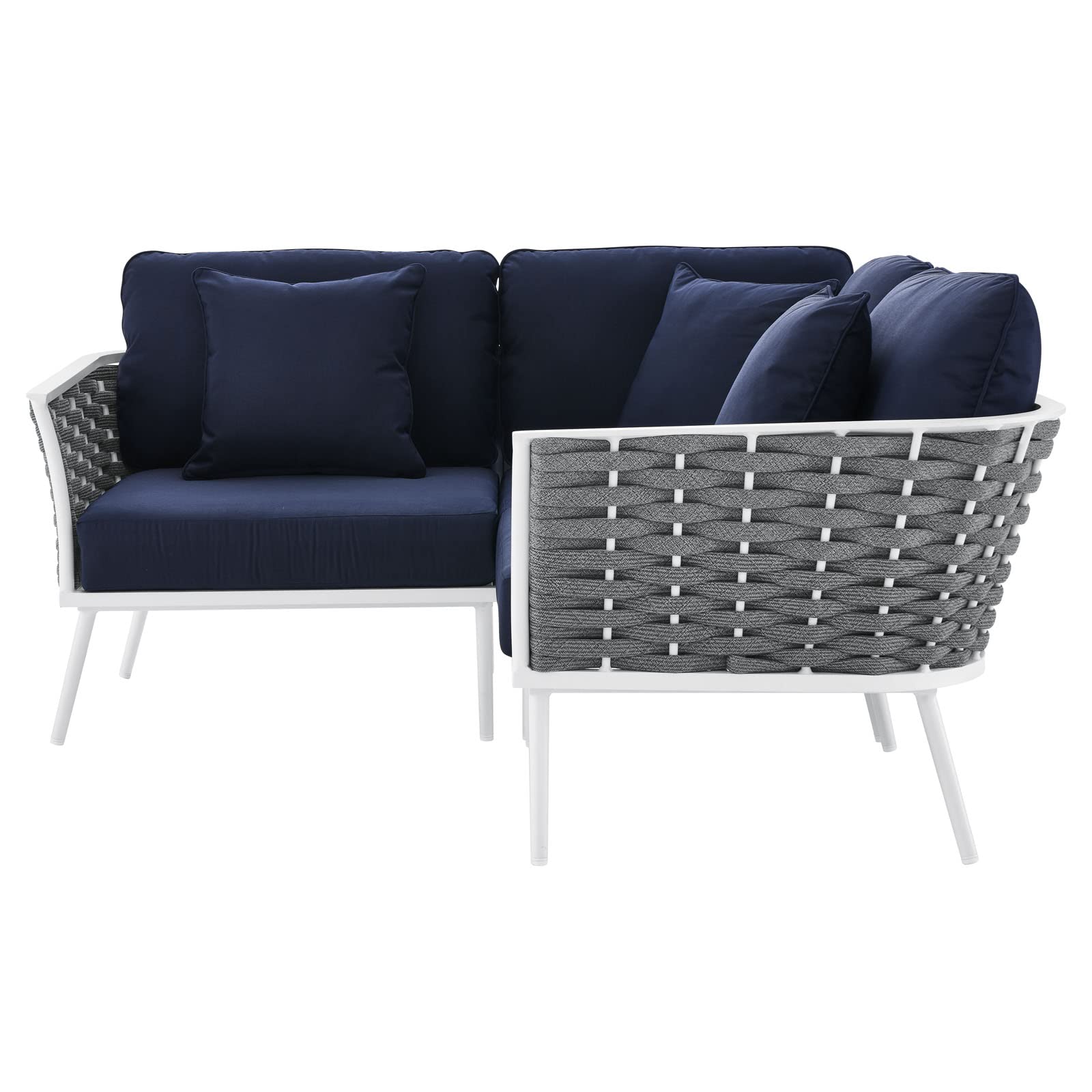 Modway Stance Outdoor Patio Woven Rope Aluminum Sectional Sofa - Small 2-Piece Set in White & Navy Blue | Perfect for Poolside, Garden, Deck & Backyard Relaxation