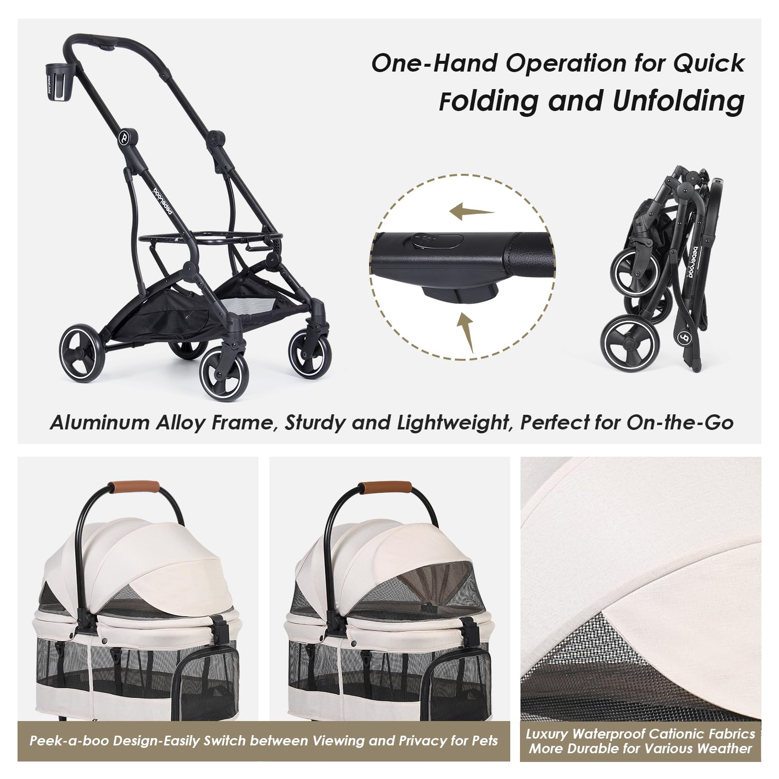 T3 3-in-1 Small Pet Stroller for Dogs & Cats - Lightweight 4-Wheel Travel Carrier with Removable Pad, Canopy & Cup Holder - Beige | Perfect for Vet Visits, Park Walks & Shopping Trips