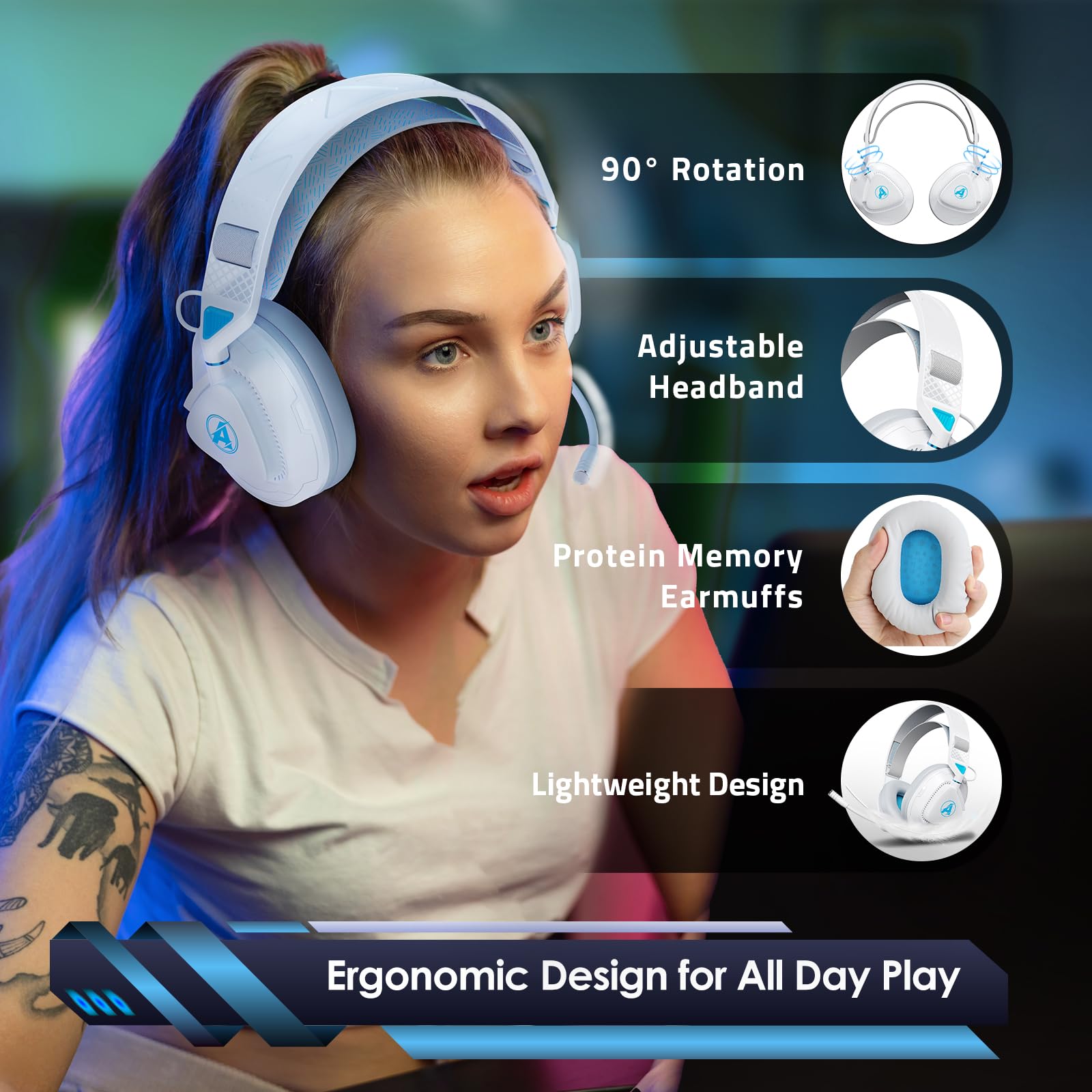 Wireless Gaming Headset for PS5, PS4, Switch, PC & Mac - Lightweight Bluetooth Headphones with 2.4GHz USB Dongle, Over-Ear Noise Cancelling & Built-in Mic (White) - Perfect for Online Gaming, Streaming & Work from Home