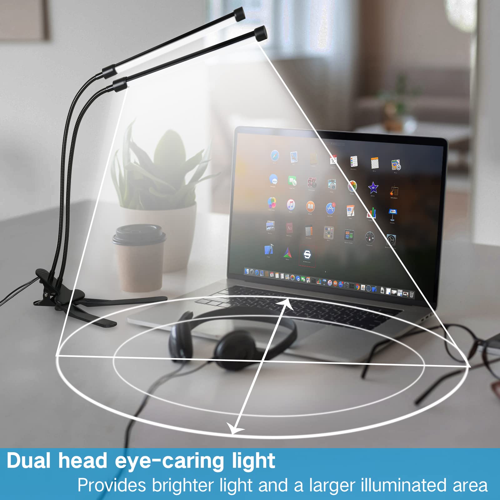 **Dual Head Eye-Care Desk Lamp with Clamp - 3 Color Modes & 5-Level Dimmer, 360° Adjustable Clip-On Light for Reading, Working, Bedroom & Music Stand - Perfect for Study, Office & Nightstand Use**