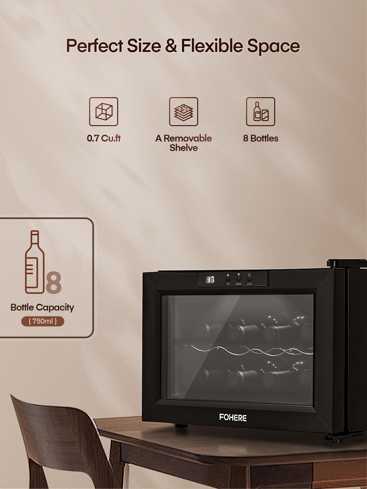 8 Bottle Wine Cooler Refrigerator - Dual Glass Door Wine Fridge with LED Lighting & Digital Temperature Control - Compact Wine Cellar for Home, Office, Bar, Kitchen, Restaurant & Entertainment Spaces