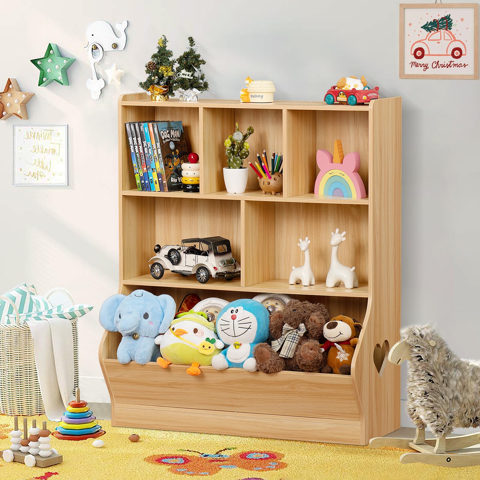 Lerliuo 3-Tier Kids Toy Storage Organizer & Bookshelf - 7-Cubby Wooden Toy Cabinet for Playroom, Bedroom, Nursery - Natural Wood Children's Bookcase (29.53