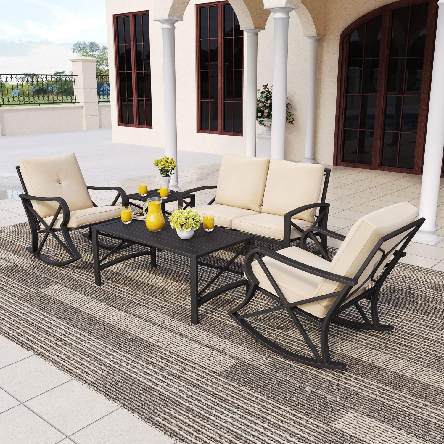 5-Piece Metal Patio Furniture Set - Outdoor Conversation Sectional with Iron Steel Frame, Loveseat & Coffee Table (Khaki) | Perfect for Backyard, Garden, Poolside & Patio Relaxation