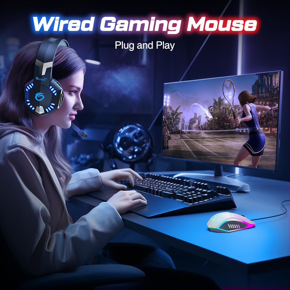 VersionTECH. Wired Gaming Mouse - Ergonomic RGB Backlit Mouse with 7 LED Lights, 6 Programmable Buttons & 4 Adjustable DPI for PC, Laptop, Chromebook, Mac - Perfect for Gaming, Office Work & Graphic Design (White)