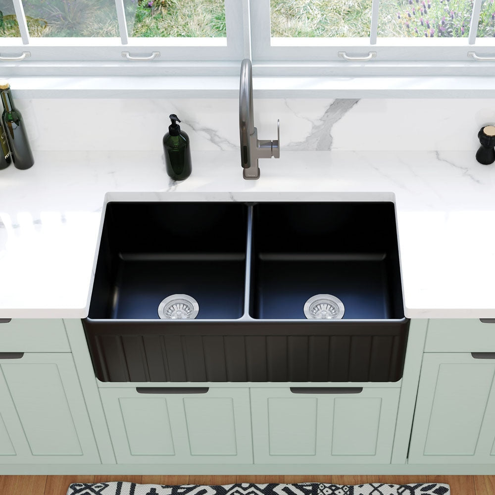 Fienza 68709 Benson Double Butler Sink in Matte Black - Premium Stainless Steel Kitchen Sink for Modern Farmhouse & Luxury Home Renovations (Perfect for Busy Kitchens & Entertaining Guests)