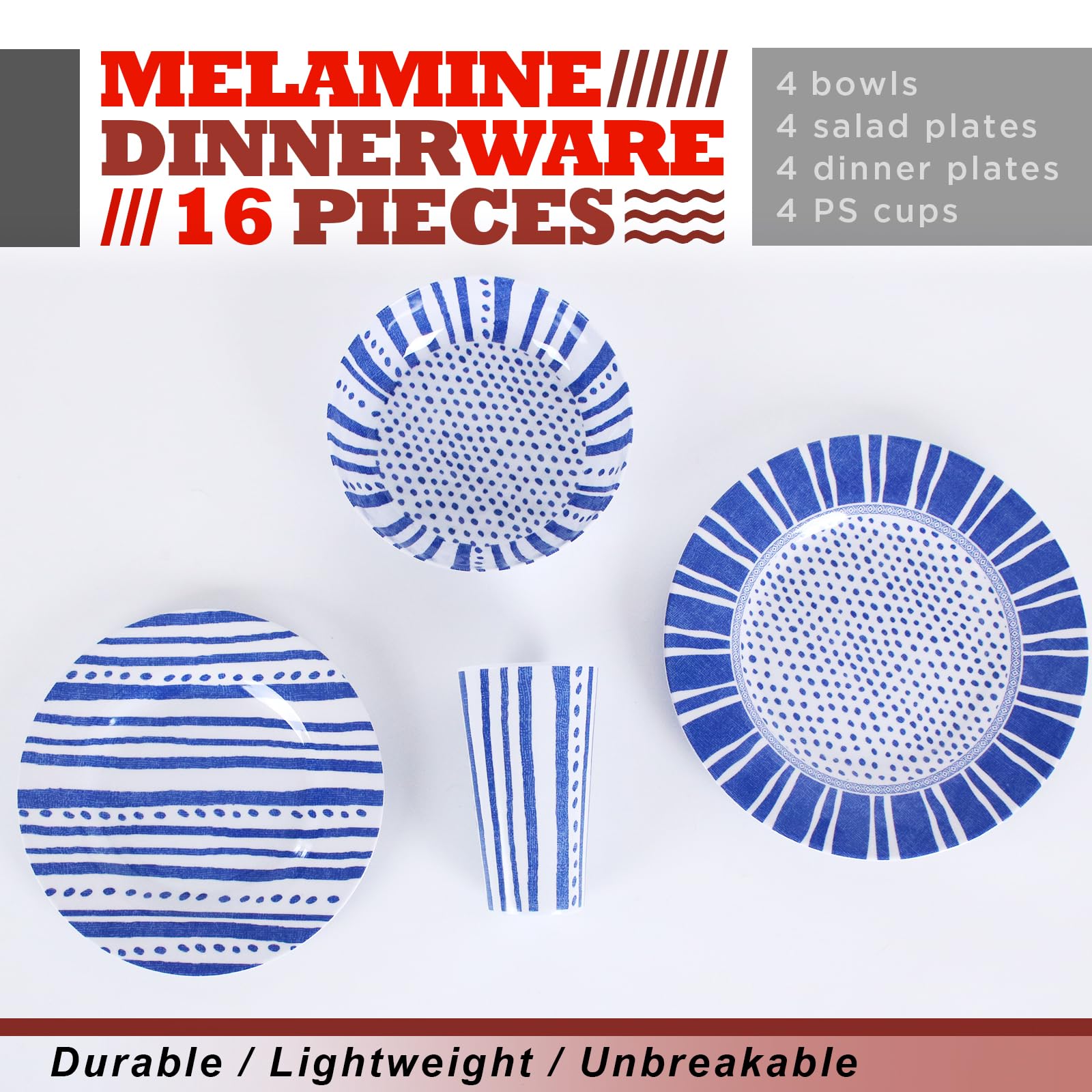 Premium 16-Piece Melamine Dinnerware Set - Durable, Lightweight & Unbreakable Plates, Bowls, Cups for Camping, Picnics, RV & Outdoor Dining | Floral Design | Dishwasher Safe for Indoor & Outdoor Use