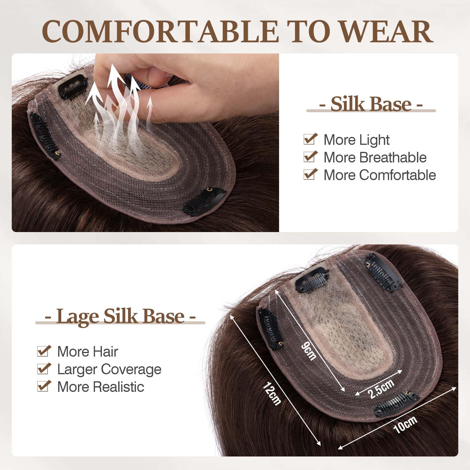 100% Human Hair Toppers for Women - 18 Inch Remy Clip-In Hair Topper with Silk Base for Thinning Hair - Dark Brown (#2) | Perfect for Daily Wear, Special Occasions & Hair Loss Solutions