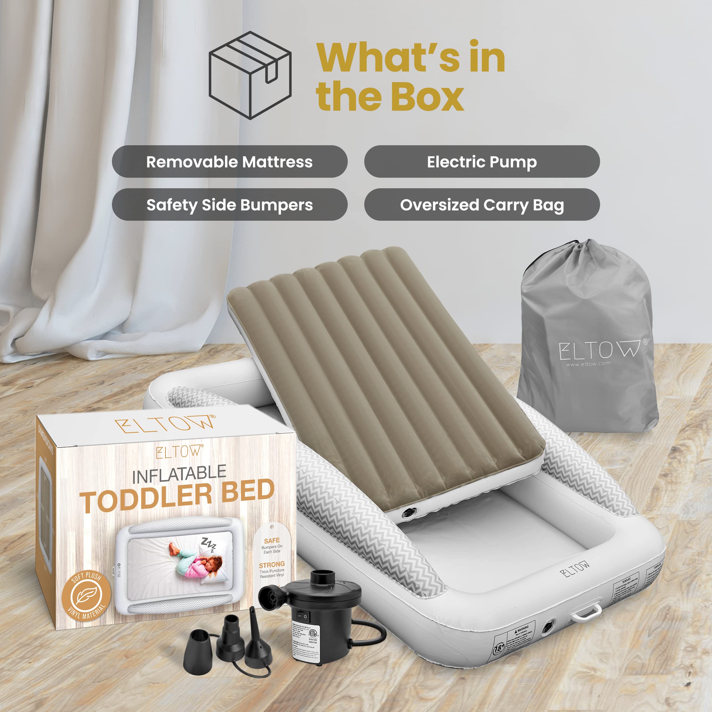 ELTOW Inflatable Toddler Travel Bed with Safety Bumpers - Portable Kids Air Mattress for Camping, Sleepovers & Travel - Includes High-Speed Pump & Carry Bag - Gray Chevron Design - Perfect for Toddlers 2-5 Years Old