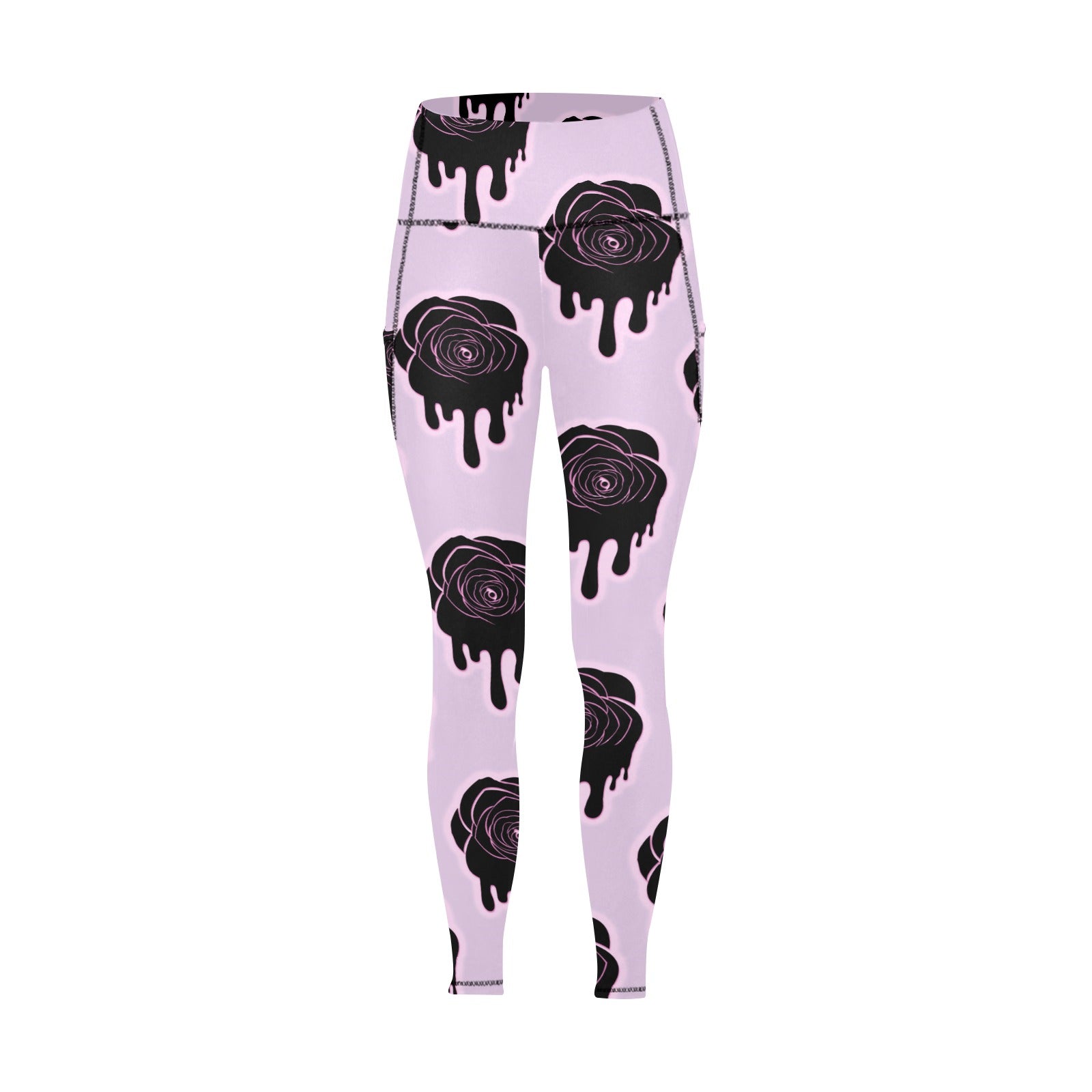 Black and Purple Rose Print Leggings with Pockets - Stylish & Comfortable Yoga Pants for Workouts, Running, and Casual Wear
