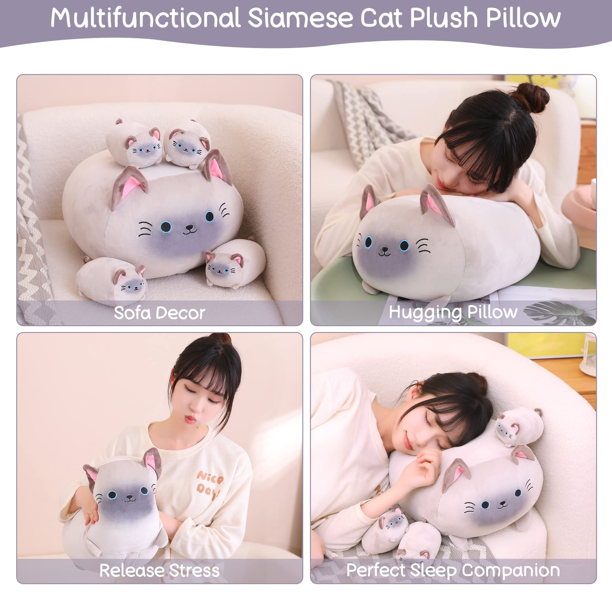 SQEQE Siamese Cat Plush Toy - Adorable Stuffed Animal Mommy with 4 Soft Kittens, Cuddly Plush Pillow Gift for Kids & Cat Lovers | Perfect for Nursery Decor, Birthday Presents & Comfort Companionship