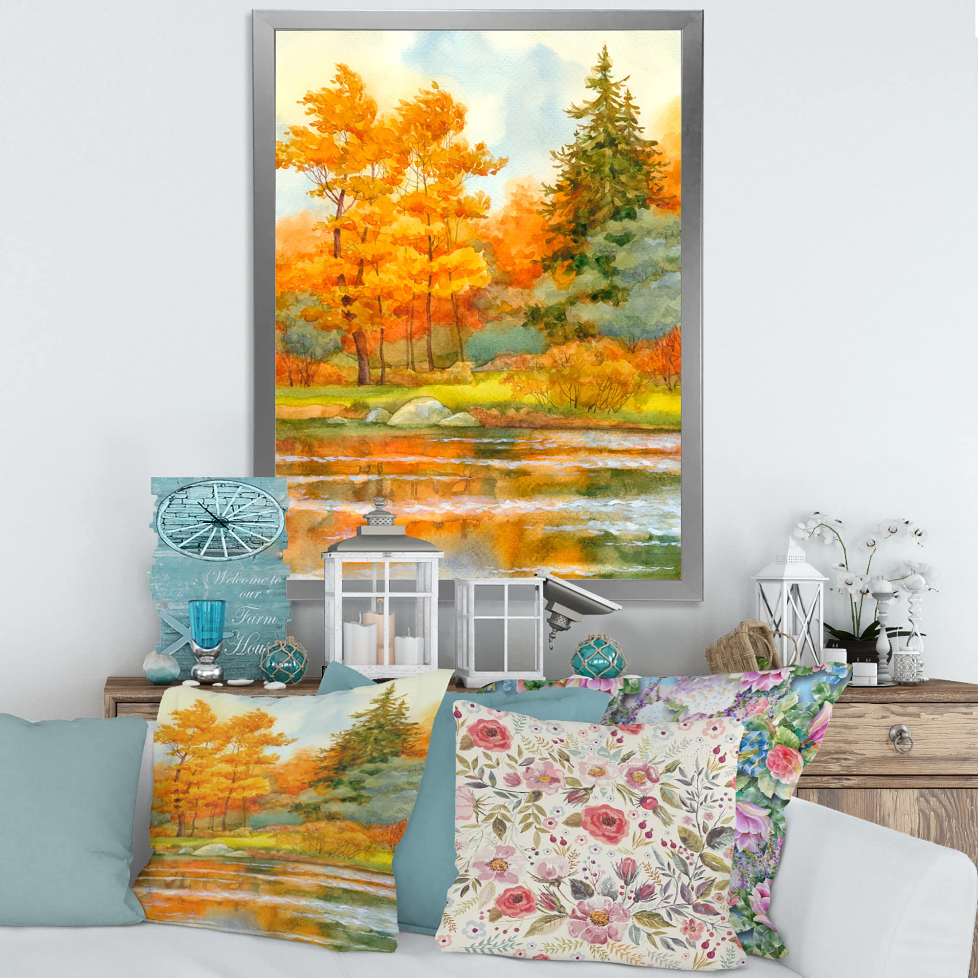 DesignQ Autumn Forest Lakeside Landscape Framed Wall Art - Perfect for Living Room, Bedroom & Office Decor