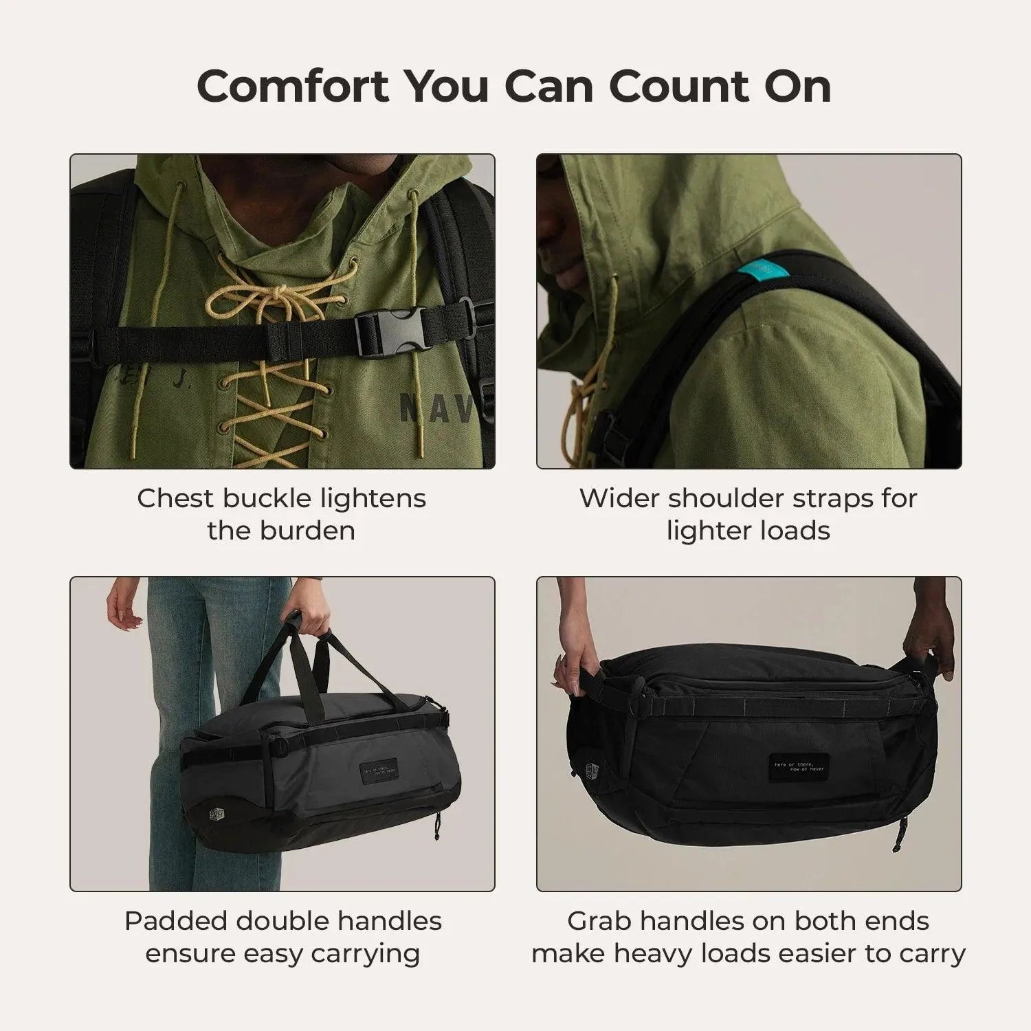 Paz 43L Duffle Backpack - Waterproof Travel Duffel Bag with Shoulder Strap for Gym, Camping & Weekend Getaways