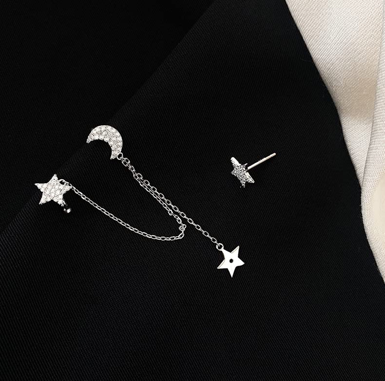 925 Sterling Silver Asymmetric Star Moon Crawler Earrings for Women - Dangling Chain Cuff Earrings for Party, Date Night & Special Occasions