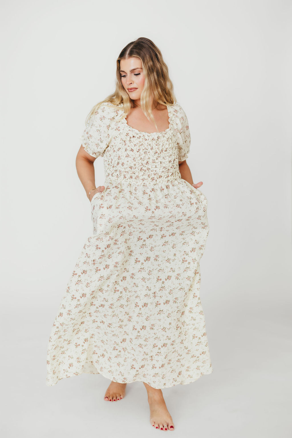 Emilia 100% Cotton Smocked Maxi Dress - Ivory/Mauve Floral Print, Bump Friendly Maternity Dress for Women | Perfect for Beach Vacations, Summer Weddings & Casual Outings
