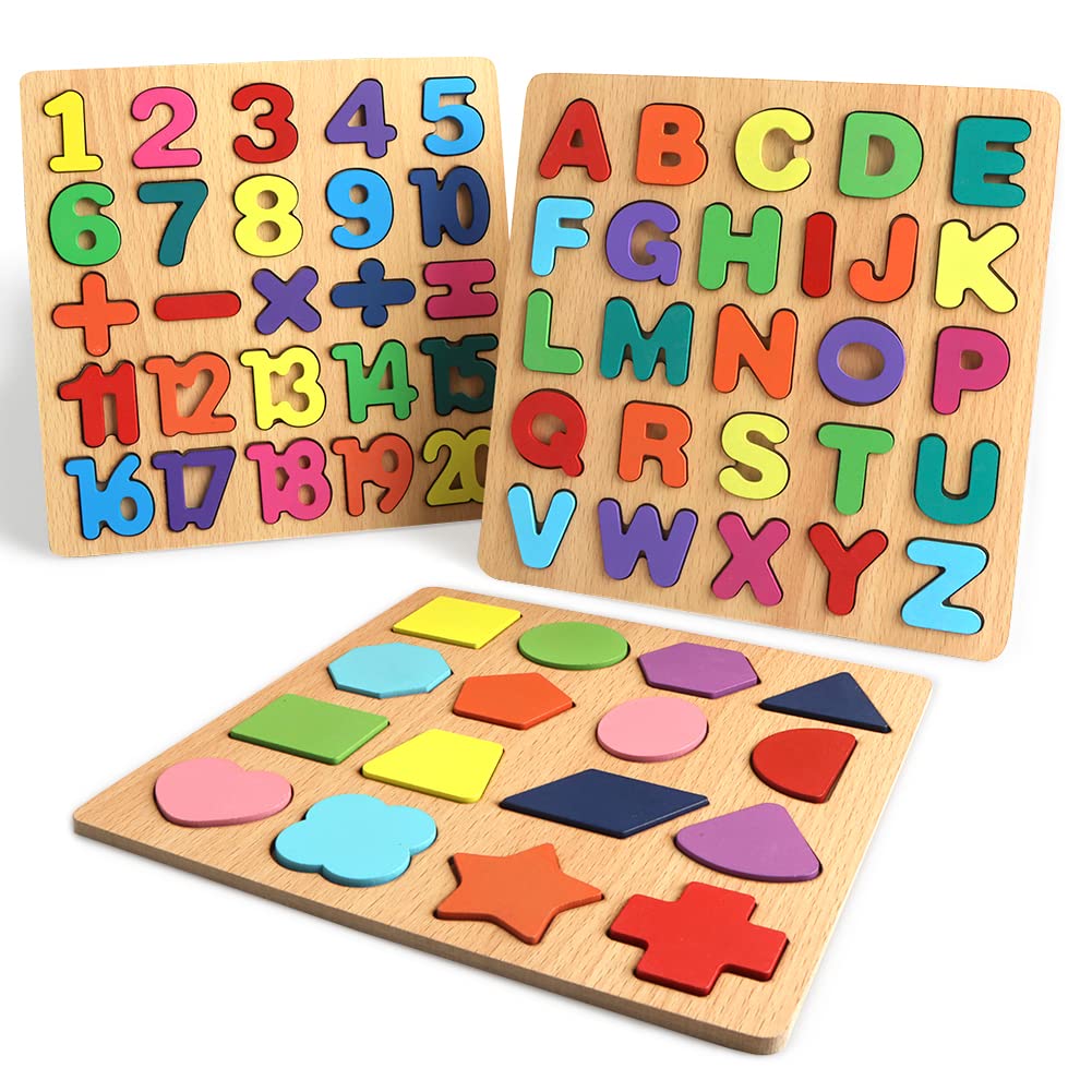 Wooden ABC Alphabet Number Shape Puzzles for Toddlers - 3 in 1 Educational Learning Toys for Kids Boys Girls | Montessori Toys for Early Childhood Development & Homeschooling Activities