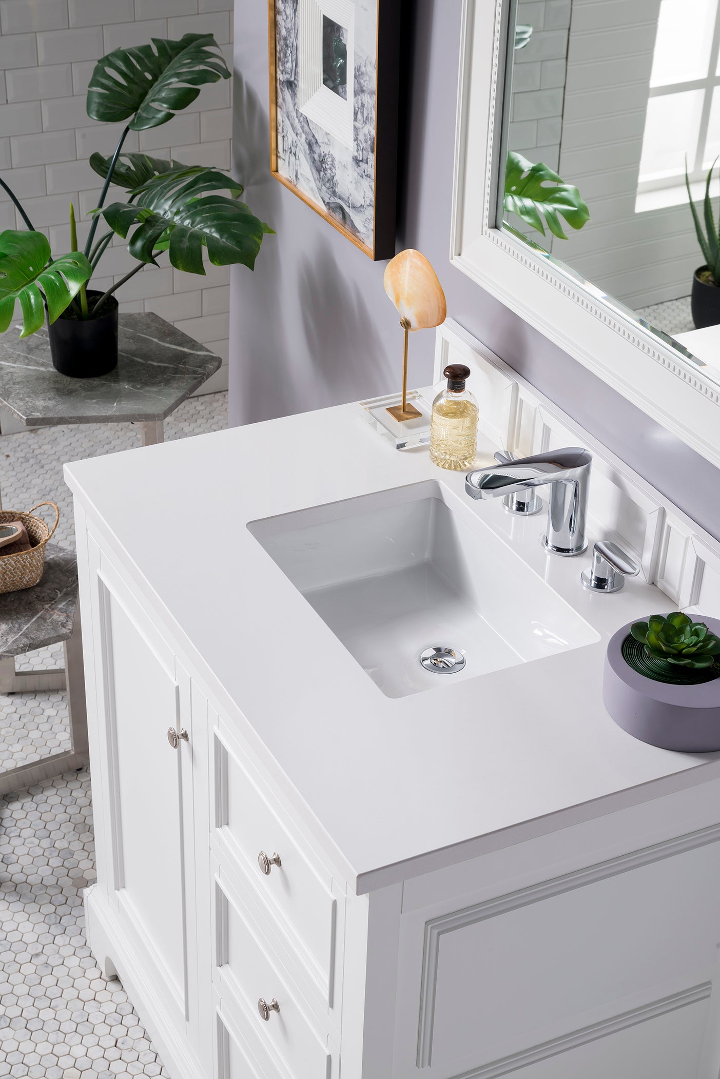 De Soto 36 Inch Single Bathroom Vanity Set with White Zeus Quartz Countertop - Bright White Finish, Modern Sink Cabinet for Small Bathrooms & Powder Rooms