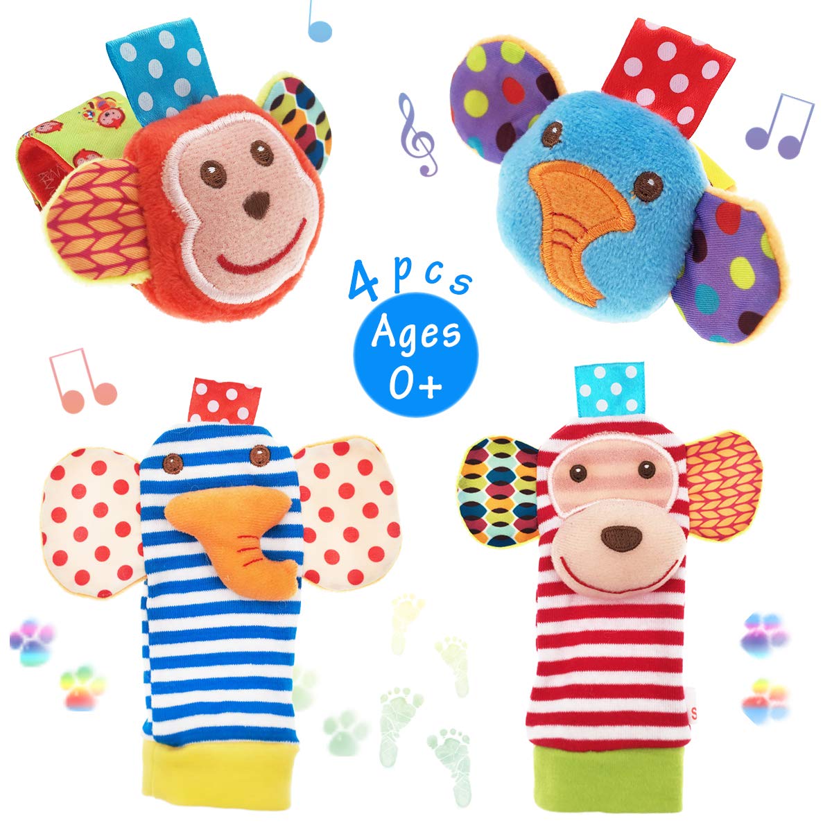 URUTOREO Baby Wrist & Foot Rattles with Socks Set - Soft Animal Rattle Toys (Monkey & Elephant) for Newborns & Infants - 4 Piece Developmental Toy Gift for Baby Shower & Playtime