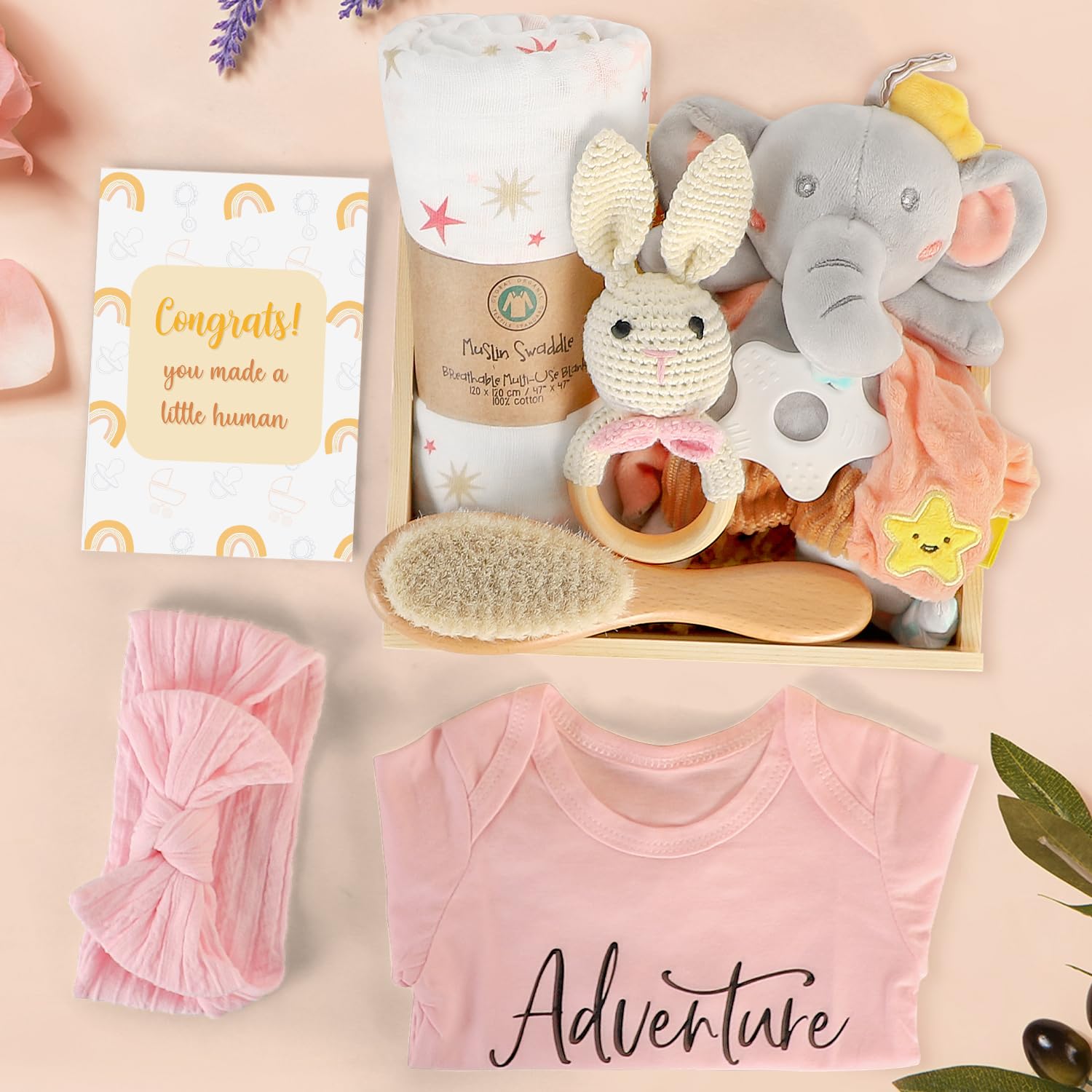 **Baby Girl Gift Set - Newborn Essentials with Wooden Basket, Swaddle Blanket, Rattle Toy, Onesie & Hair Brush - Perfect Baby Shower Gifts for Girls**    *(Use Case: Ideal for baby showers, birthdays, christenings, or as a thoughtful welcome gift for newborn girls.)*