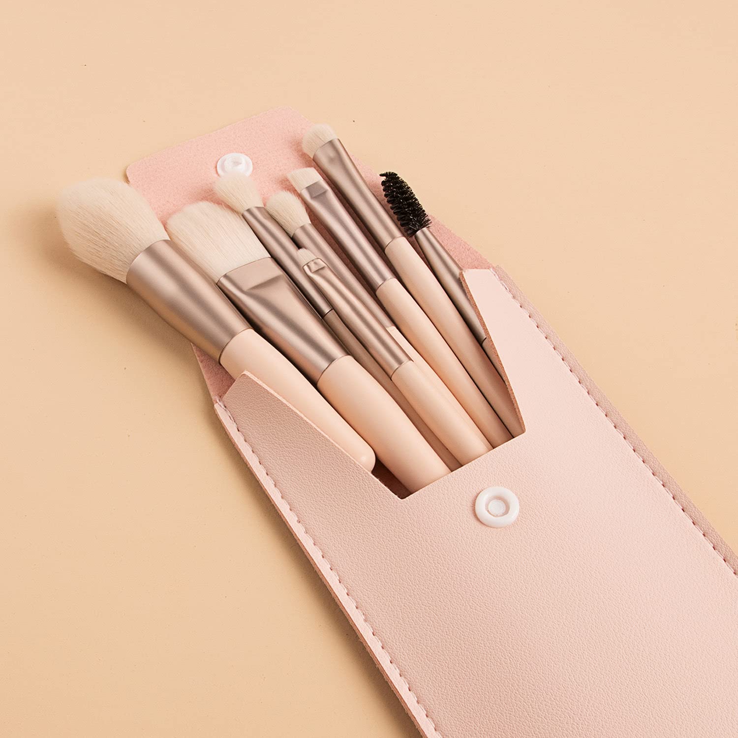 TOHERVIE 8-Piece Travel Makeup Brush Set with Bag - Mini Cosmetic Brushes for Foundation, Blush & Eyeshadow - Synthetic Bristles with Wooden Handle (Beige) - Perfect for Travel, On-the-Go Touch Ups & Professional Makeup Application