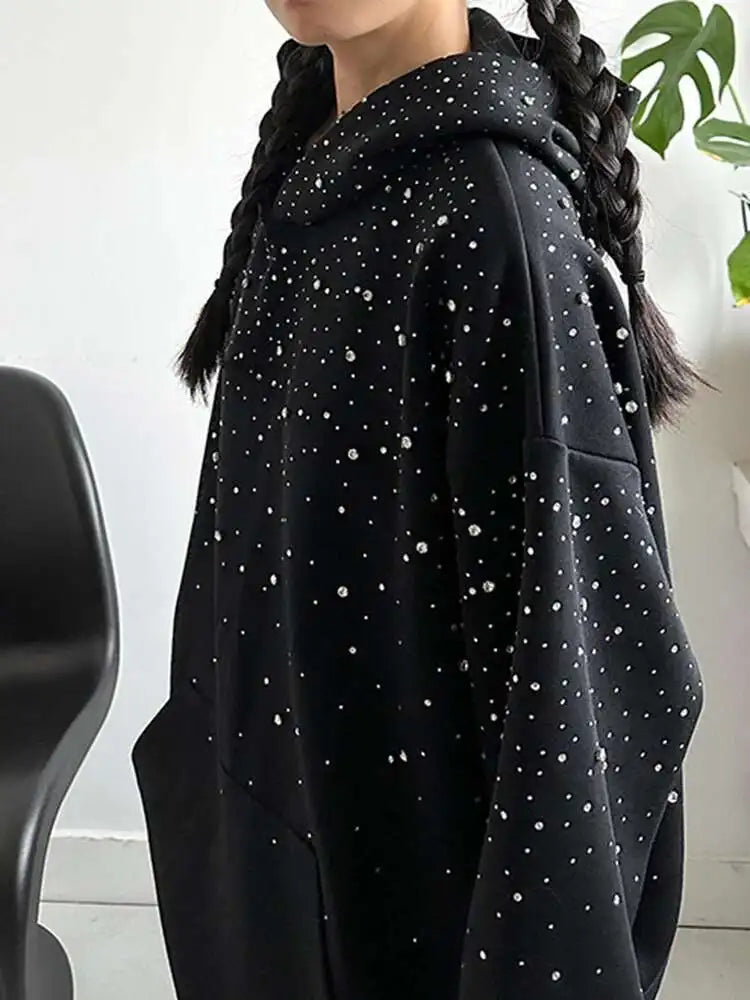 Black Rhinestone Embellished Thick Hooded Sweatshirt for Women - Oversized Long Sleeve Pullover | Trendy Spring & Fall 2025 Fashion | Perfect for Casual Outings, Streetwear & Layering