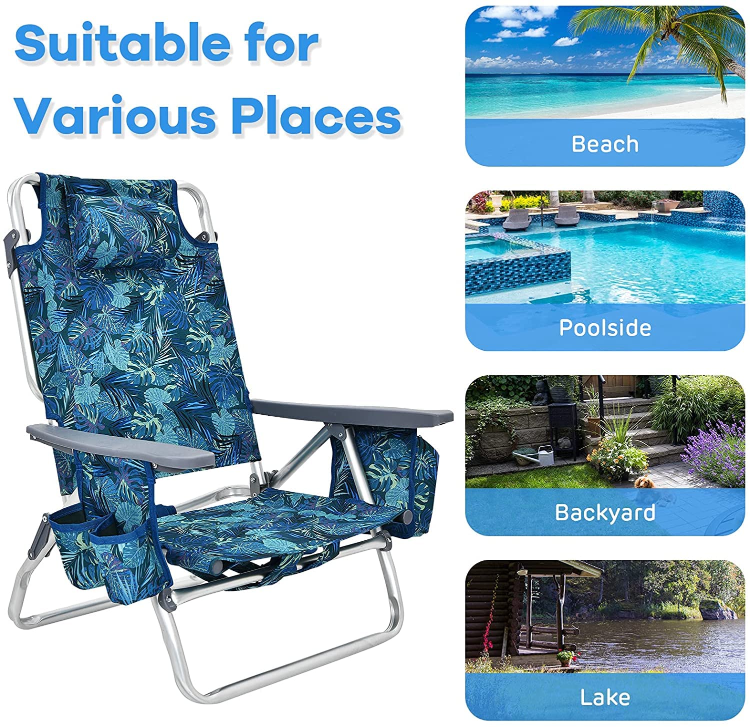 Goplus Folding Backpack Beach Chair for Adults - 5-Position Adjustable with Head Pillow, Cooler Bag, Towel Bar & Cup Holders - Portable Sunbathing Lounge Chair for Beach, Poolside, Camping & Outdoor Relaxation