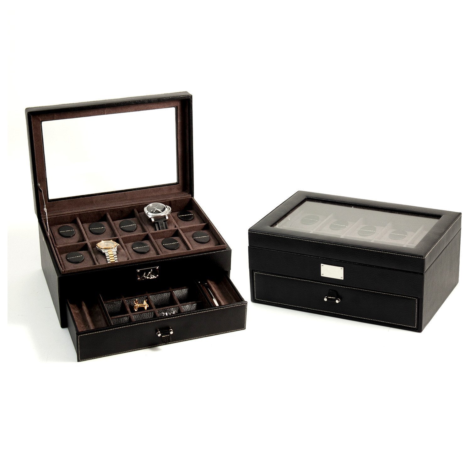 Premium Black Leather Watch Case with Glass Top - 10 Watch Storage Organizer with Drawer for Cufflinks & Pens | Perfect for Watch Collectors, Travel & Luxury Gift Giving