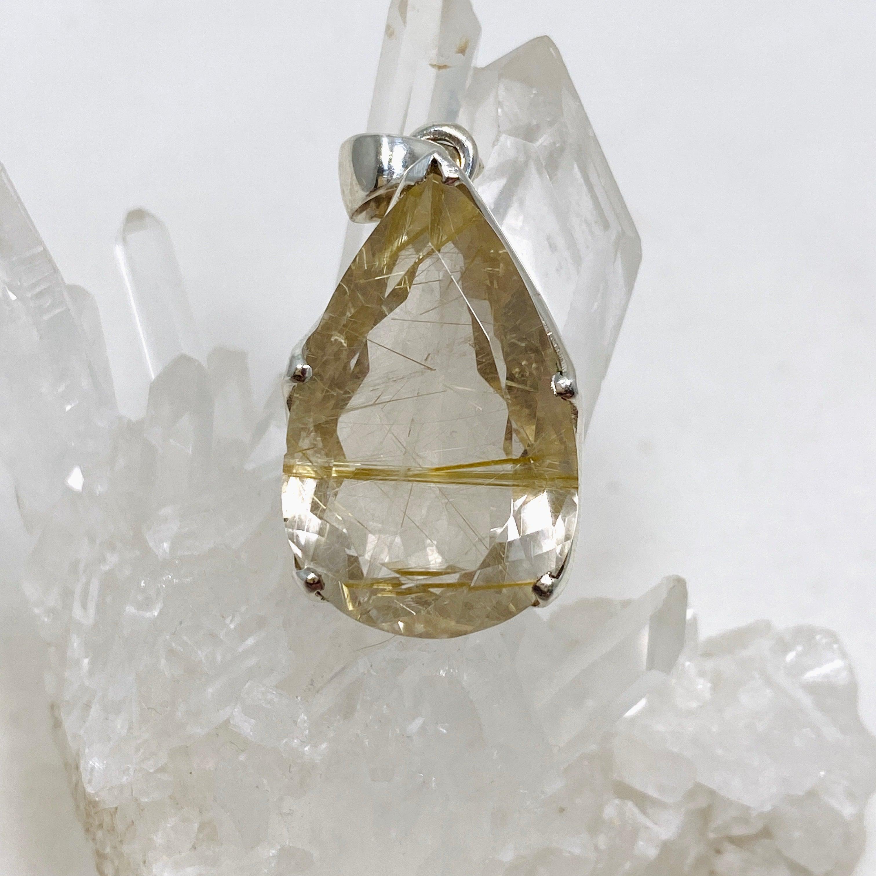 Natural Rutilated Quartz Faceted Teardrop Pendant Necklace - Elegant Golden Needle Inclusions - Perfect for Spiritual Healing, Meditation & Boho Jewelry Collection