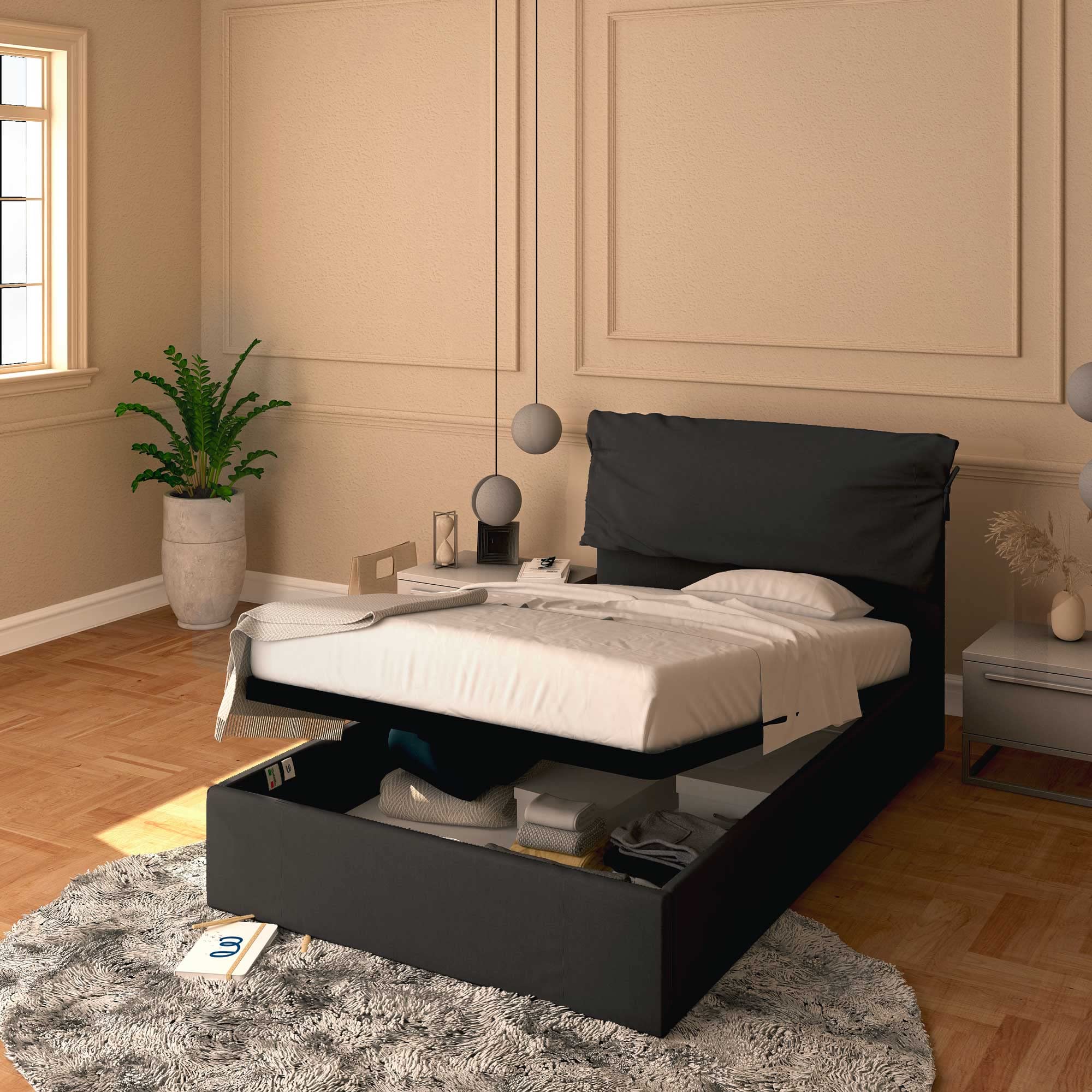 Baldiflex Licia Soft Twin Size Bed Frame with Storage - 120 x 190 cm Upholstered Fabric Platform Bed with Slatted Base, Padded Headboard in Brown - Perfect for Small Bedrooms, Guest Rooms & Studio Apartments
