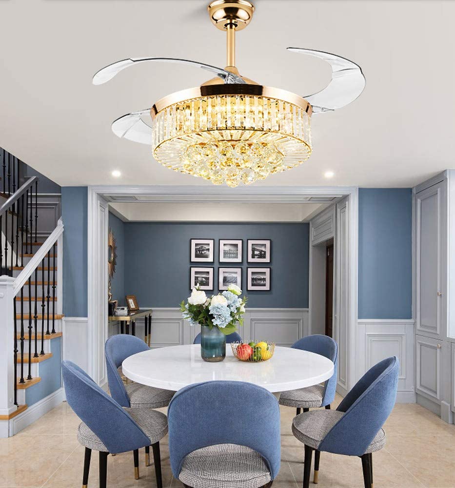42 Inch Luxury Crystal Retractable Ceiling Fan with Remote Control - LED 3-Color Changing Light, Silent Invisible Fan Chandelier for Bedroom, Living Room (Rose Gold) - Modern Home Cooling & Elegant Lighting Solution