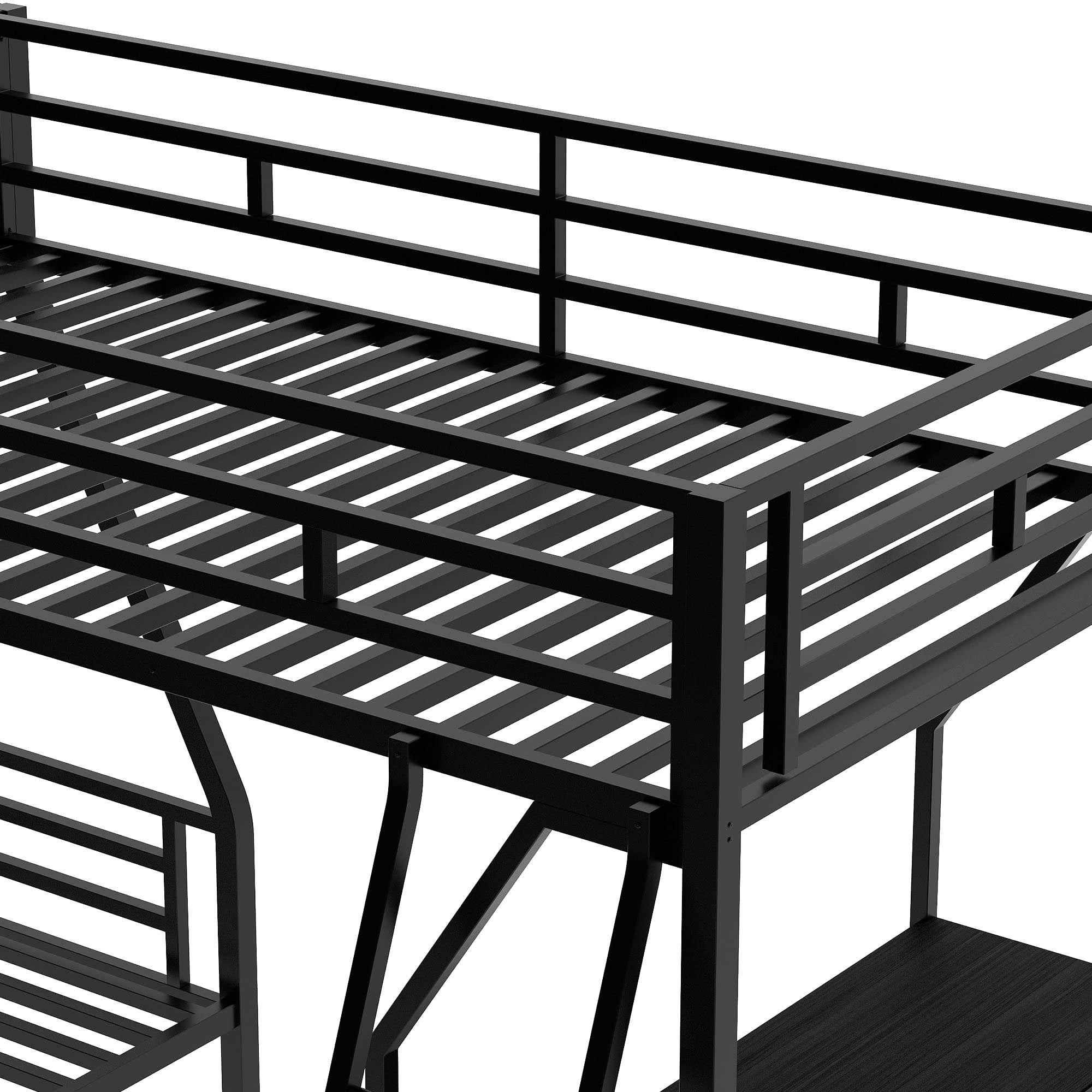 Triple Bunk Beds with Ladder - L-Shaped Twin Over Full Metal Bunk Bed Frame with Attached Loft Bed & Desk for Kids, Teens, Boys & Girls - Space-Saving Metallic Black Corner Bunk Bed for Small Rooms, Dorms & Shared Bedrooms