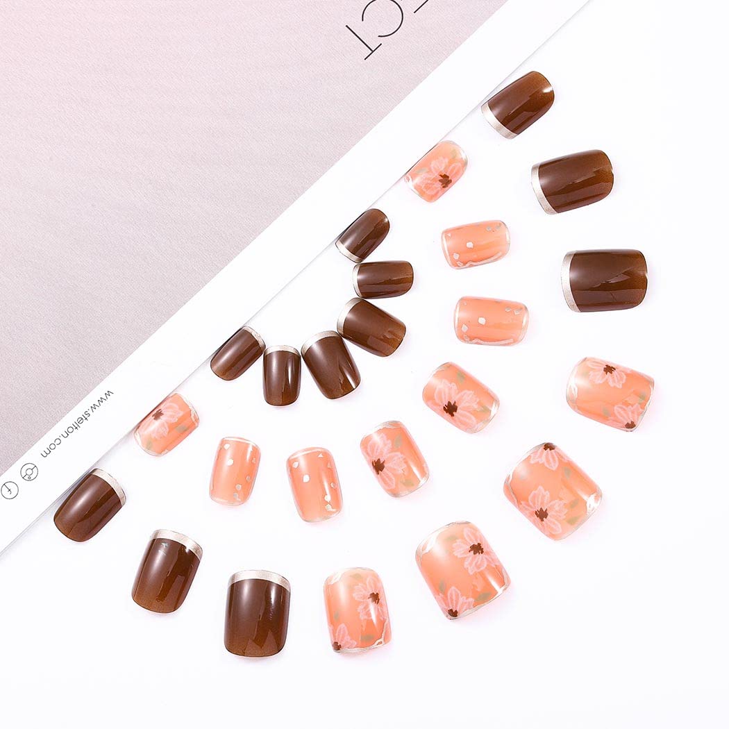 24Pcs Short Square Press on Nails - French Fake Nails with Glossy Gradient Design, Acrylic False Nails Full Cover Tips for Women & Girls | Perfect for Parties, Weddings, and Daily Wear (Orange French)