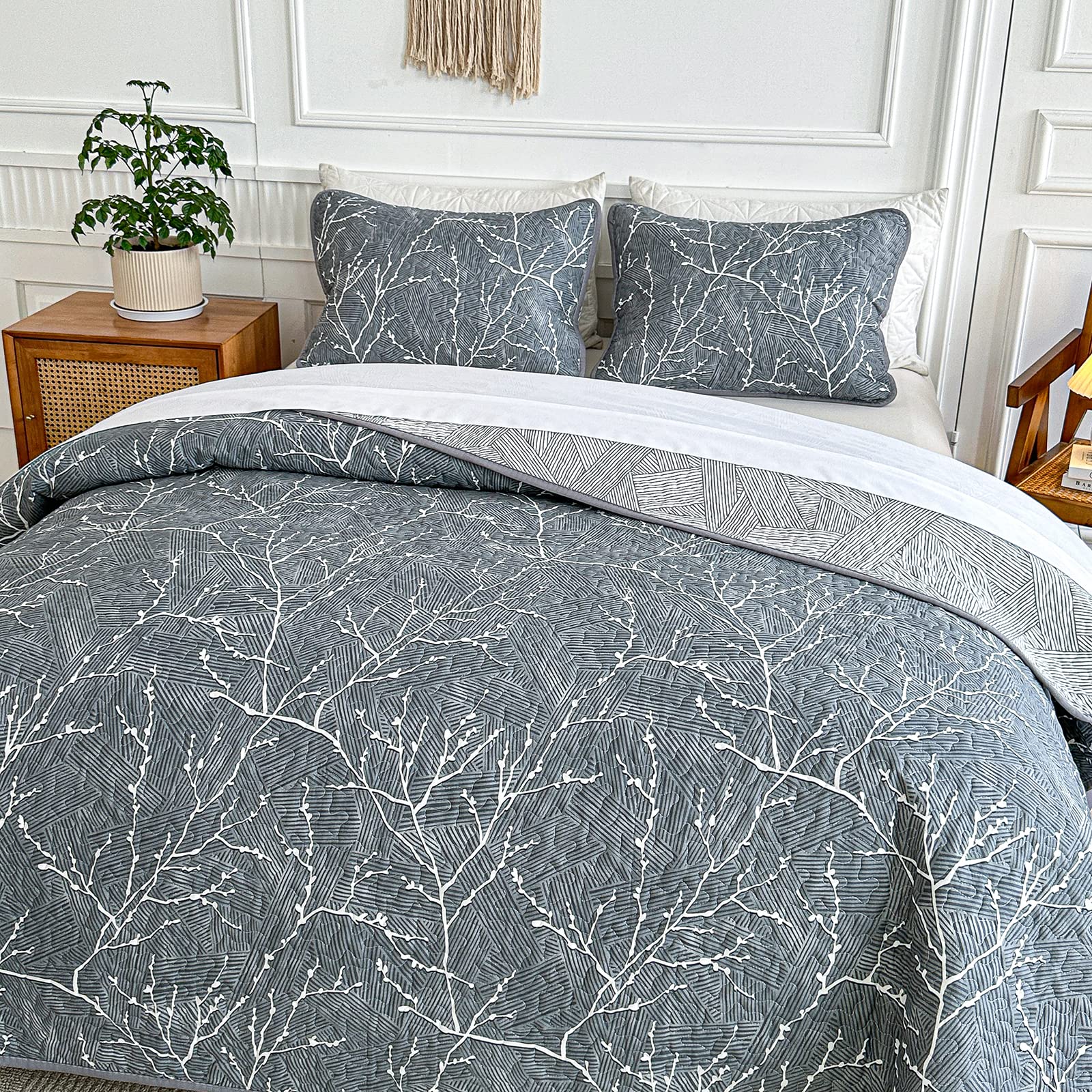 Soft Reversible 2-Piece Gray Cotton Quilt Set with White Branch Design - Twin Size Bedspread & 2 Pillow Shams | Cozy Bedroom Decor for Guest Rooms, Dorms & Modern Homes