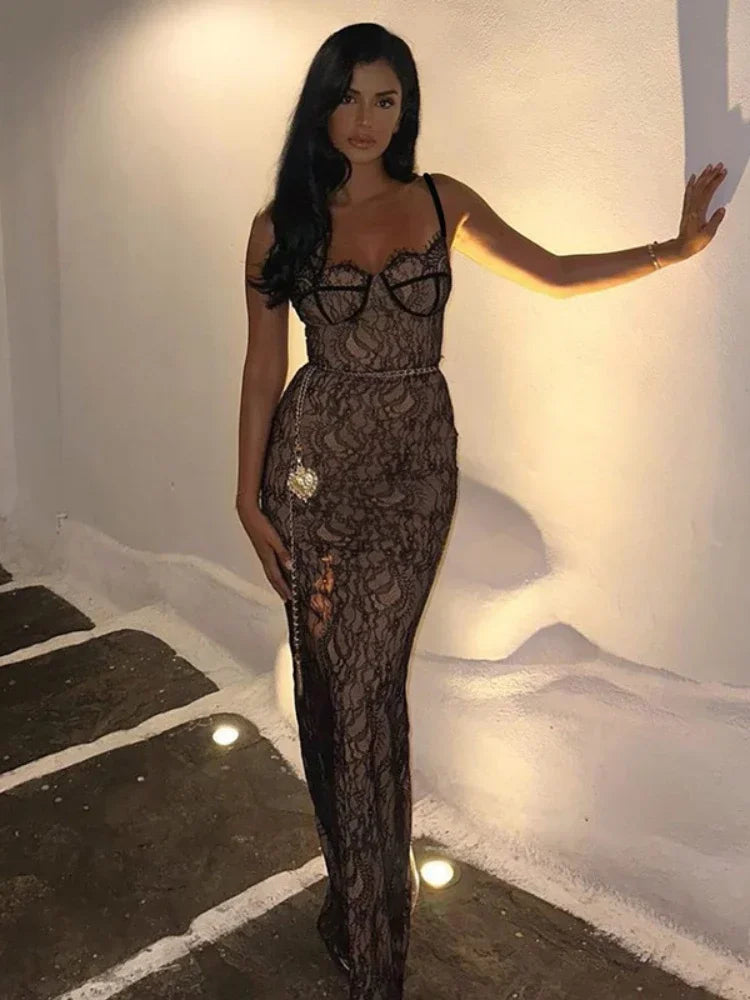 Elegant Black & White Lace Maxi Dress for Women - Backless Long Party Dress with Slit & Gold Chain Belt | Perfect for Evening Events, Weddings & Special Occasions