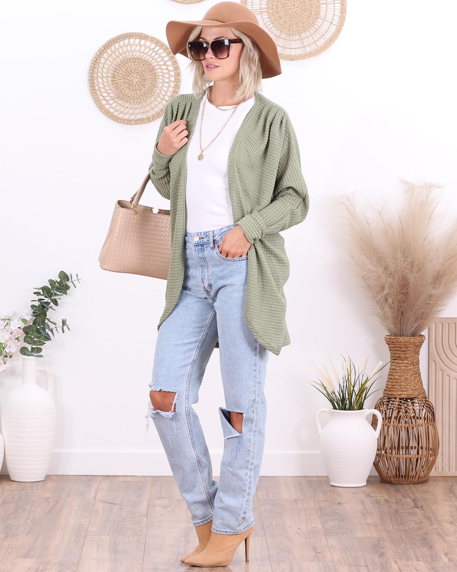 Popana Long Oversized Fall Batwing Waffle Knit Cardigan Sweater for Women with Pockets - Plus Size Cozy Loungewear for Autumn & Winter - Perfect for Casual Outfits, Work from Home & Coffee Dates