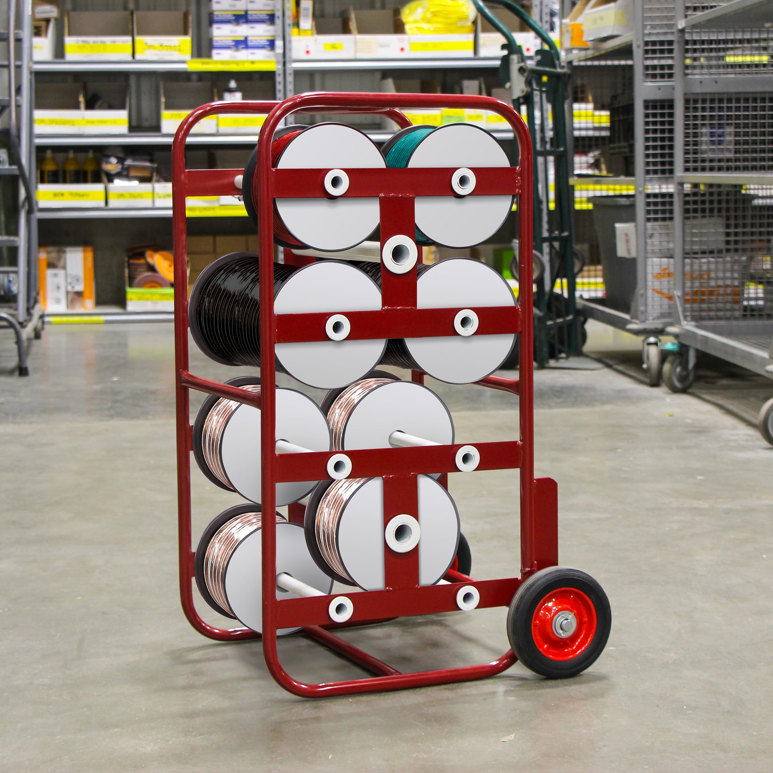 BISupply Wire Spool Rack Cable Caddy - Heavy Duty Red Cable Organizer with Wheels for Electrical Wires & Bulk Storage | Perfect for Electricians, Construction Sites & Workshop Organization