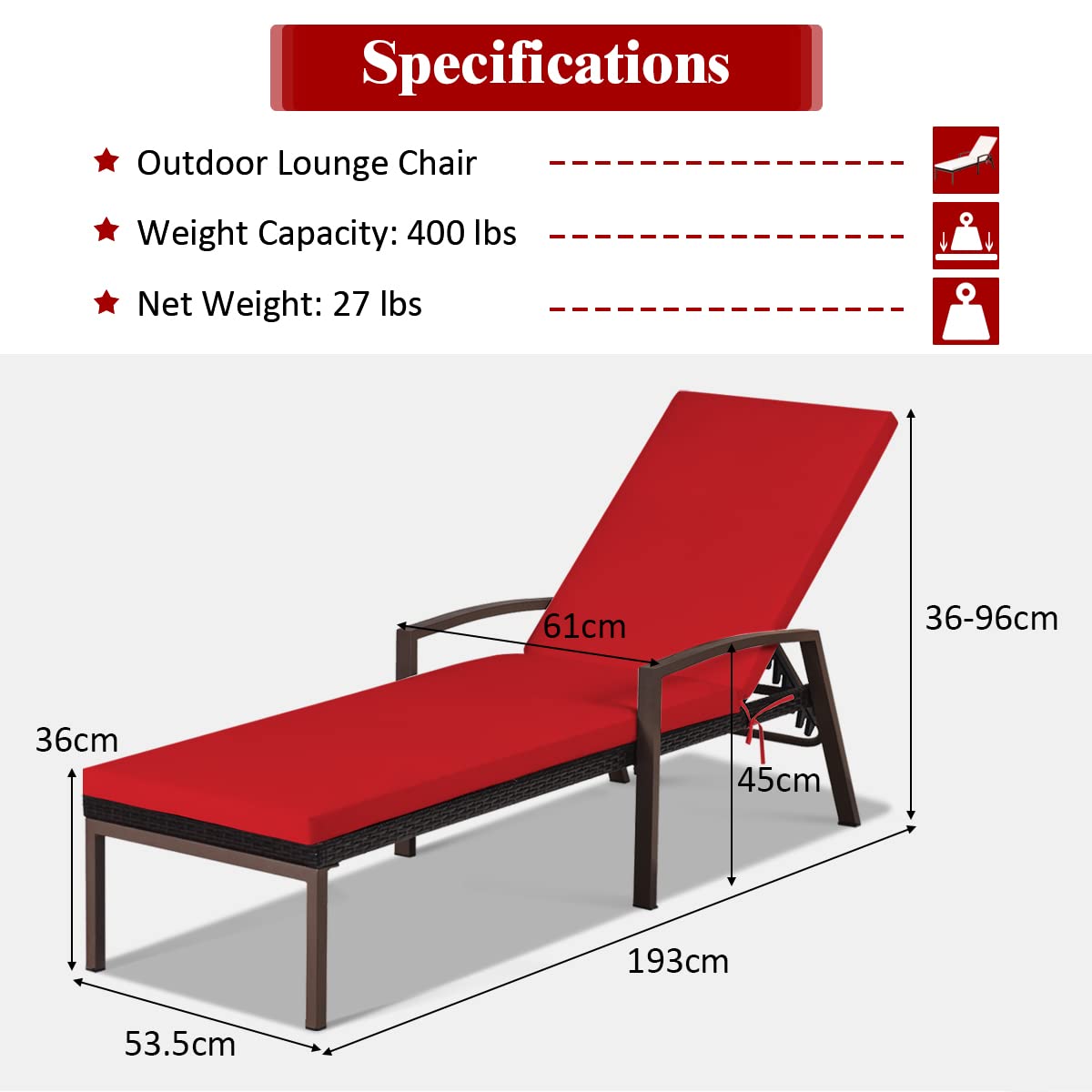 2PCS Patio Chaise Lounge Chairs with Cushions - Adjustable Rattan Sun Lounger for Outdoor Relaxation - Comfortable Wicker Recliner with Armrest for Poolside, Garden, Lawn or Balcony (Red) - Perfect for Sunbathing, Reading and Lounging in Your Backyard