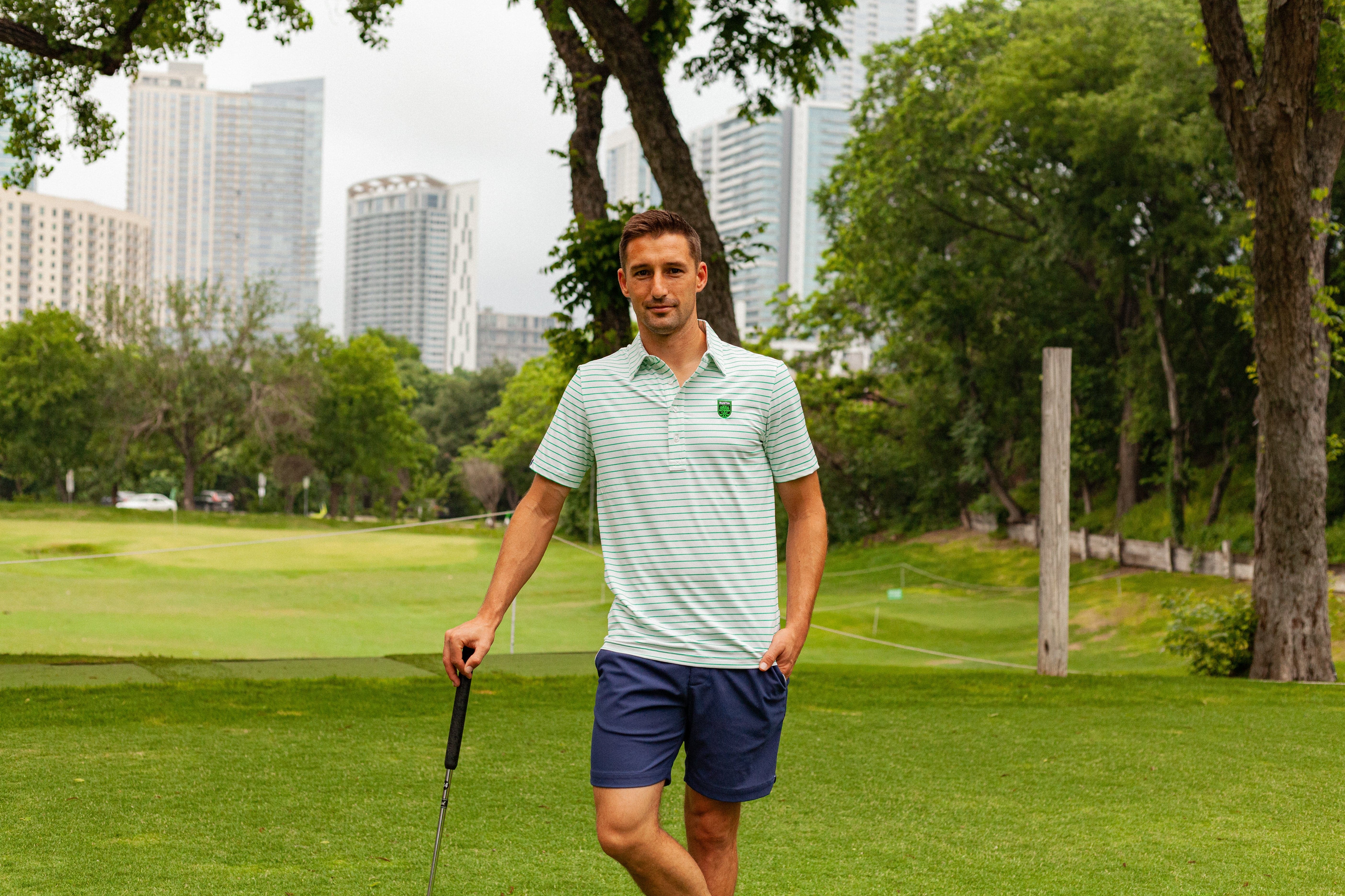 Austin FC Performance Sport Polo with Badge - White and Verde Stripe Soccer Jersey for Men | Game Day, Training & Casual Wear