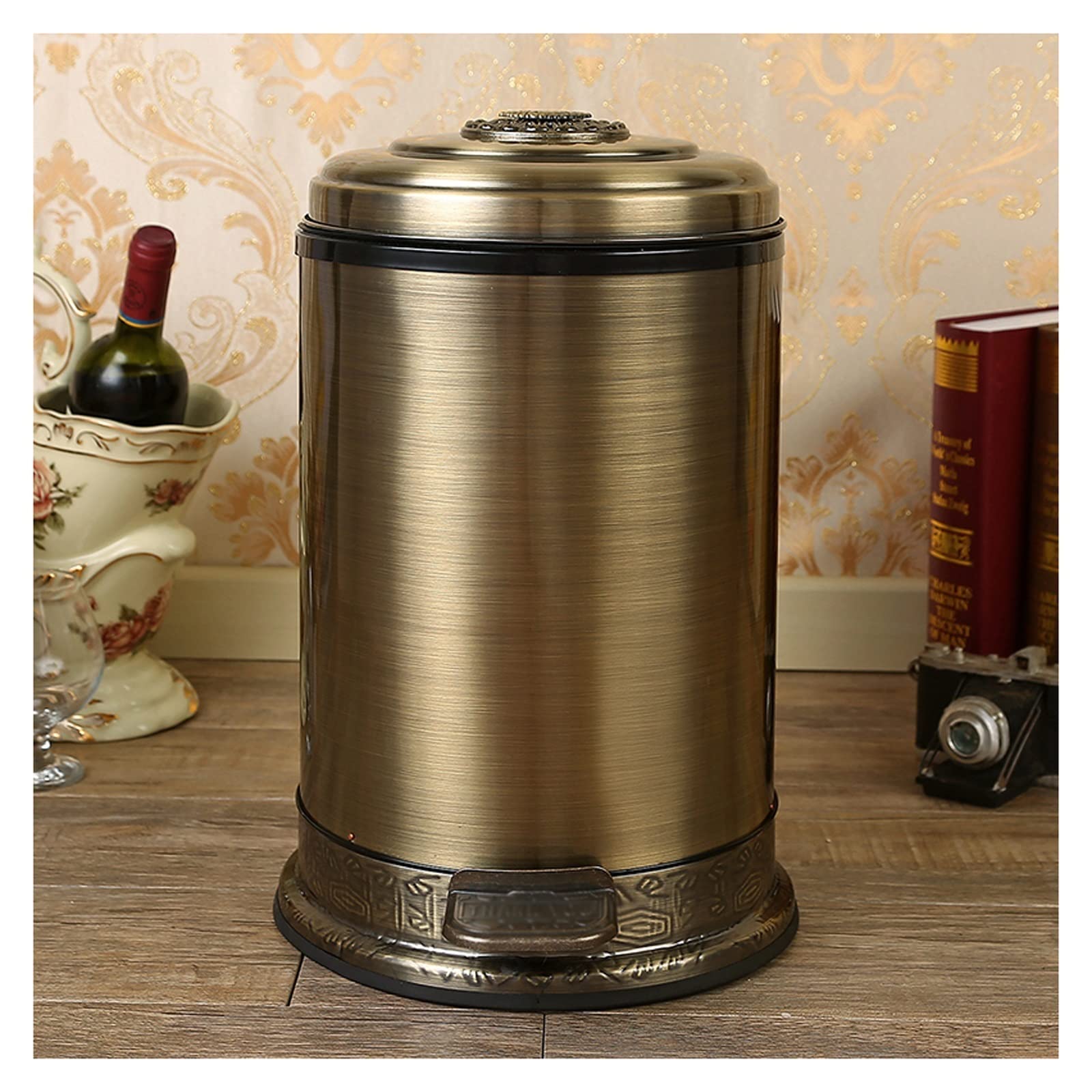 Stainless Steel Retro Bronze Trash Can with Pedal - 6L & 10L Kitchen & Living Room Garbage Bin - Moisture Proof Indoor Waste Basket for Home Decor (Brass, 6L) - Perfect for Kitchen, Bathroom & Office Spaces