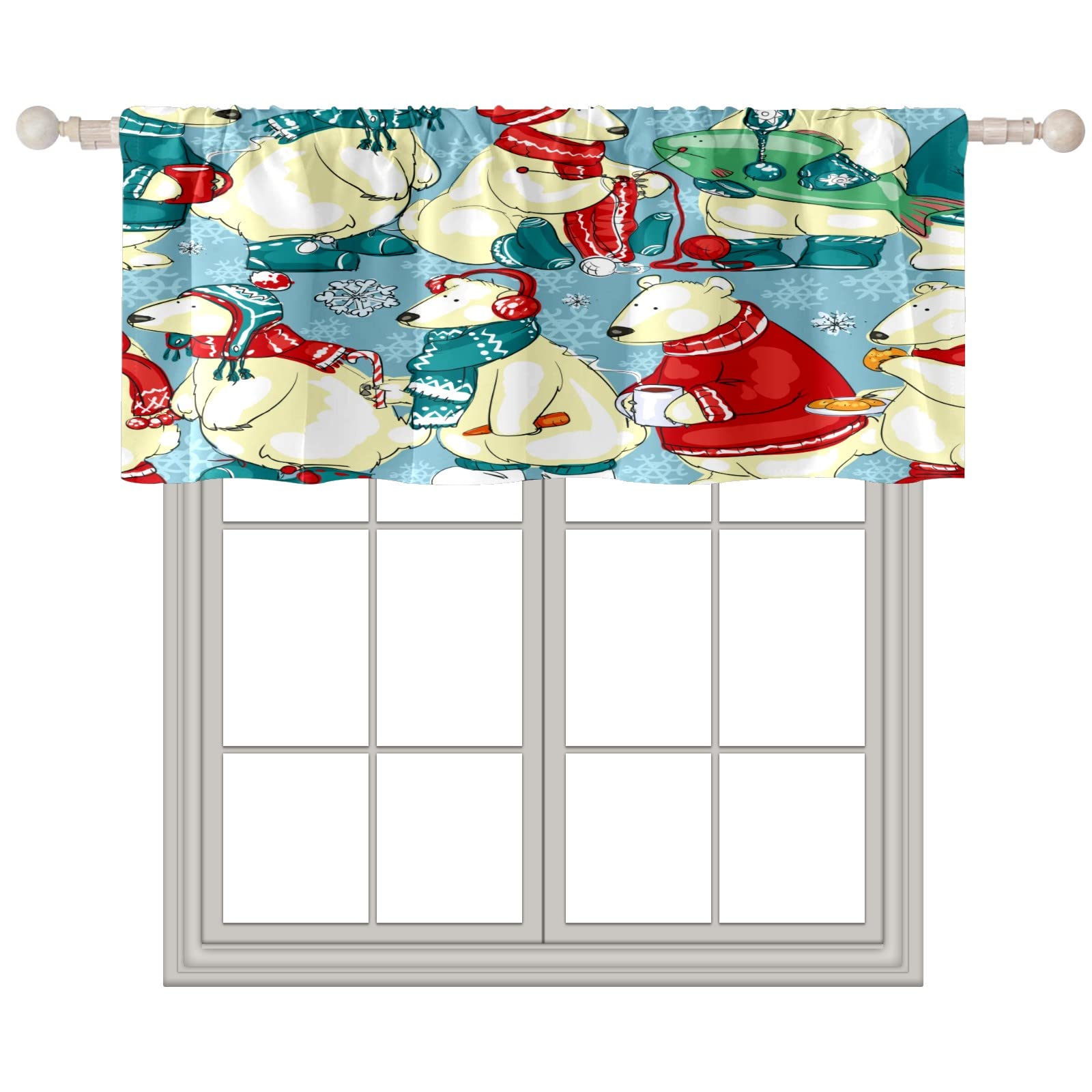 14x52 Inch Rod Pocket Window Valances - Christmas Polar Bear Design for Living Room, Kitchen & Bedroom | Short Curtain Treatments & Window Toppers for Holiday Decor